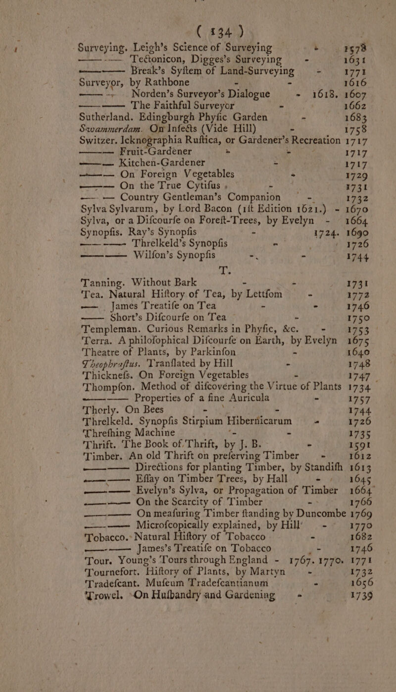 Surveying. Leich’s Science of Surveying — ra #578 — Teétonicon, Digges’s Surveying - 1635 toe Break’s Syftem of Land- peveying - 1771 Surveyor, by Rathbone , 1616 -- Norden’s Surveyor’s Dialogue - 1618, 1607 The Faithful Surveyor - 1662 Sutherland. Edingburgh Phyfic Garden - 1683 Szwammerdam. Om Infeéts (Vide Hill) ~ 1758 Switzer. Icknographia Ruftica, or Gardener’s Recreation 1717 — Fruit-Gardener > a 1717 ——— Kitchen-Gardener = 1717 ——— On Foreign Vegetables « 1729 ——— On the True Cytifus , - . 3731 -—--— Country Gentleman’s Companion ~— - 1732 Syiva Sylvarum, by Lord Bacon (it Edition 1621.) - 1670 Sylva, or a Difcourfe on Foreft-Trees, by Evelyn - 1664 Synopfis. Ray’s Synopfis - 1724. 1690 ——-——- Threlkeld’s Synopfis - ' / 3726 ———— Wilfon’s Synopfis =. “ 1744 fg’ Tanning. Without Bark - 1731 ‘Tea. Natural Hiftory of 'Tea, by Letfom - 1772 —— James Treatife on Tea - 1746 Short’s Difcourfe on Tea — - 1750 Templeman. Curious Remarks in Phyfic, &amp;c. 1753 Terra. A philofophical Difcourfe on Earth, My E velit 1675 Theatre of Plants, by Parkinfon 1640 Theophraftus. Tranflated by Hill - 1748 Thicknefs. On Foreign Vegetables 1747 Thompfon. Method of difcovering the Virtue of Plants 1734 techn Properties of a fine Auricula - 1757 Therly. On Bees 1744. Threlkeld. Synopfis Stirpinin Hibertticarum - 1726 Threfhing Machine - 1735 Thrift. ‘The Book of.'Thrift, ne J. B. - 159! Timber. An old Thrift on preferving Timber = + 1612 Direétions for planting Timber, by Standifh 1613 ———— Effay on Timber Trees, by Hall - 1645 —-—— Evelyn’s Sylva, or Propagation of Timber 1664: -—-=— On the Scarcity of Timber 1766 solpey On meafuring Timber ftanding by Darccntbe 1769 ive Oa Microfcopically explained, by Hil’ -~ 1770 Tobacco.: Natural Hiftory of Tobacco - 1682 —--———_ James’s Treatife on Tobacco 1746 Tour. Young’s Tours through England - 1767. 1770. 1771 Tournefort, Hiftory of Plants, by Martyn - 1732 Tradefcant. Mufeum Tradefcantianum - 1656 ‘Trowel. “On Hutbandry and Gardening - 19739