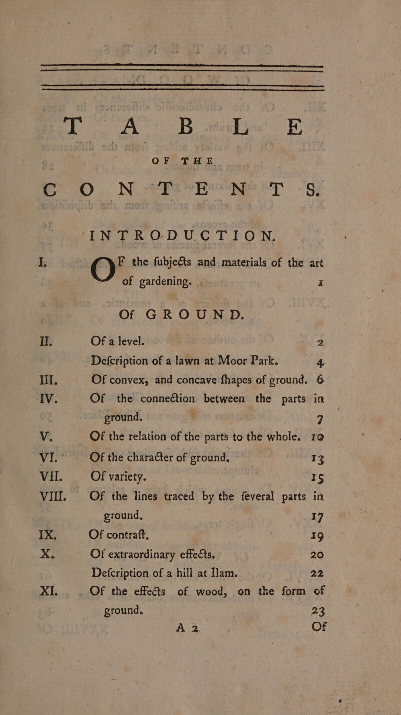 C OF THE F the fubje&amp;ts and materials of the art of gardening. . K Of GROUND. Of a level. 2 Of convex, and concave fhapes of ground. 6 Of the conneétion between the parts in ground. : 7 Of the relation of the parts to the whole. 10 Of the charaéter of ground, 13 Of variety. 15 Of the lines traced by the feveral parts in ground, 17 Of contraft, | 19 Of extraordinary effects, 20 Defcription of a hill at Ilam. 22 ground, | | 23 | A 2. Of