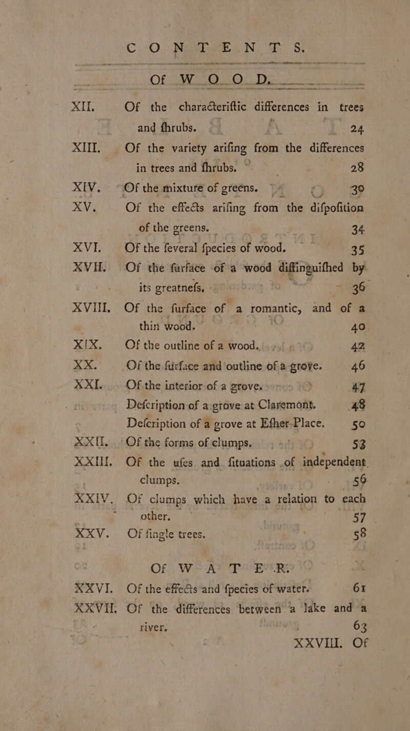 XVI. AVHL. XIX, XX, XXL. XXIL XXV. XAVI. COO eee tia: Be hoc due etheatrenirenentgeneoniege ah aon stenenheenegeenmeniiprennn eiptiemene ttt =n pee inttatem “0. shaded of W ATC OES 0 aoa Of the~ characteriftic differences in trees and fhrubs. ‘a 24 _ Of the variety arifing fin the difference in trees and fhrubs. © 28 Of the mixture of greens. © 30 Of the effeas arifing from ‘the difpofition of the greens, — ) 34 OF the feveral {pecies of Pek: bi 35 Of the furface ofa wood diftinguithed by. its greatnefs, - a 36 Of the es of a Ecce and of a thin wood.” 40 Of the outline of a wood...,,/ ; 42 Of the furface and outline of a grove. 46 Of the interior of a Broves ones 0) 47 Defcription of a grove at Claremont. 48 Delcription of a grove at Efher-Place. 50 ‘Of the forms of clumps, , &gt; 53 Of the ufes and fienations . of independent. clumps. 98&gt; Of clumps which have a relation to each other, 3 S7 Of fingle trees. | 58 Of) WP Ra Core re Of the effects and fpecies of water. 61 river, 63 XXVILL Of
