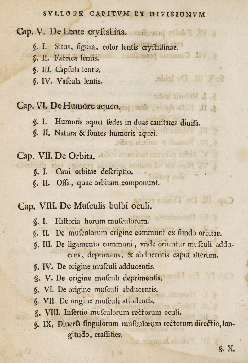 Cap. V. De Lente cryftallina. §, L Sitas, figura, color lentis cryftallinae. §. II. Fabrica lentis. §. III. Capfula lentis, §, IV. Vafcula lentis, Cap. VI. De Humore aqueo. I. Humoris aquei fedes in duas cauitates diuifa, $• II. Natura & fontes humoris aquei. Cap. VIL De Orbita, §. I. Caui orbitae defcriptio. '■» II. Qfia, quae orbitam componunt. Cap, VIII. De Mufculis bulbi oculi. §. I. Hiftoria horum mufculorum. §. II. De mufculorum origine communi ex fundo orbitae. §a III. De ligamento communi, vnde oriuntur mufculi addu¬ cens , deprimens, 8c abducentis caput alterum. IV* De origine mufculi adducentis. §. V. De origine mulculi deprimentis. §. VI. De origine mufculi abducentis. §. VII. De origine mufculi attollentis. §. VIII. Infertio mufculorum rectorum oculi. §, IX, Diuerfa fingulorum mufculorum re&orumdire&io, lon¬ gitudo, cralfities. $. X.