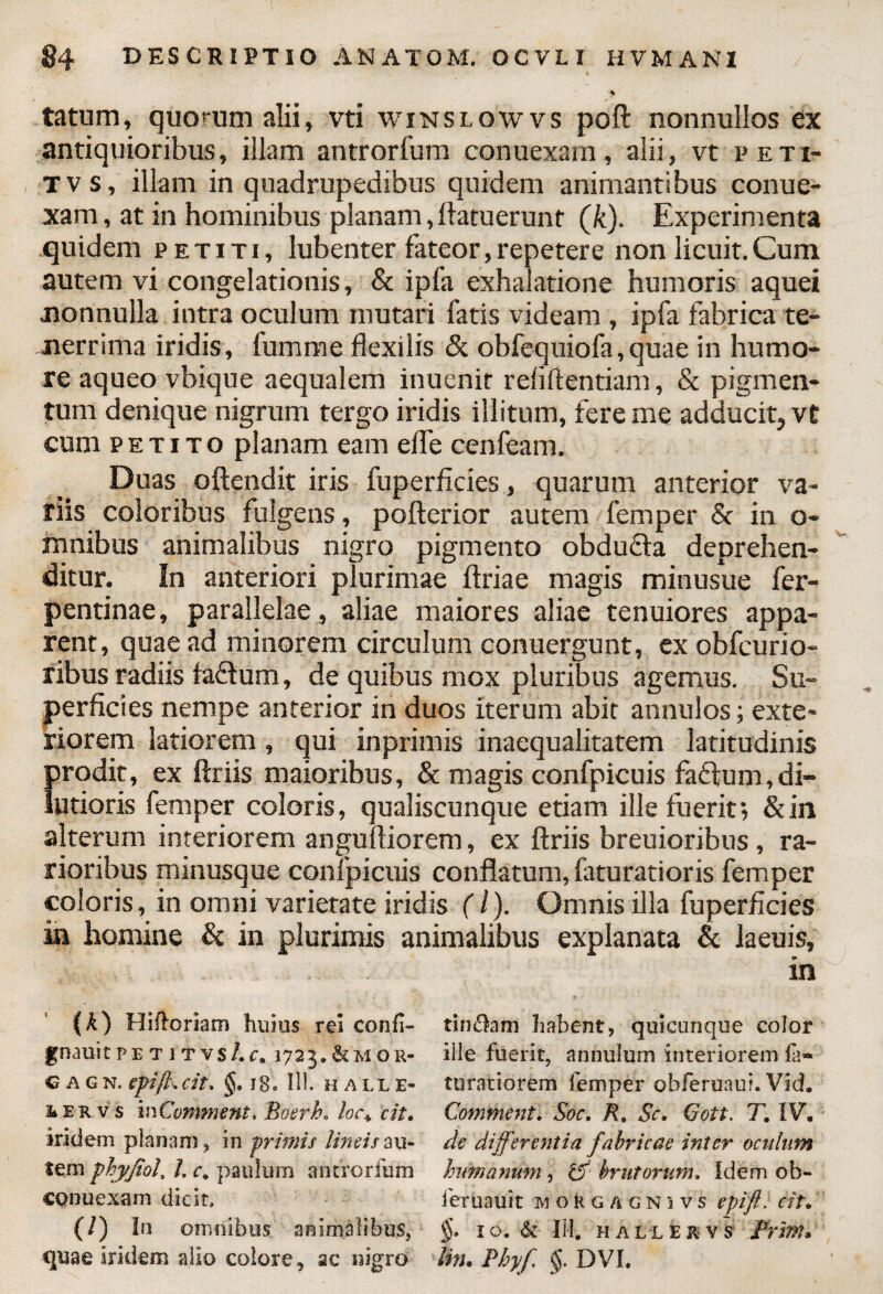 tatum, quomm alii, vti winslowvs poft nonnullos ex antiquioribus, illam antrorfum conuexain, alii, vt peti- tvs, illam in quadrupedibus quidem animantibus conue- xam, at in hominibus planam,ftatuerunt (k). Experimenta quidem petiti, lubenter fateor,repetere non licuit.Cum autem vi congelationis, & ipfa exhalatione humoris aquei nonnulla intra oculum mutari fatis videam , ipfa fabrica te¬ nerrima iridis, fumme flexilis & obfequiofa, quae in humo¬ re aqueo vbique aequalem inuenit refiftentiam, & pigmen¬ tum denique nigrum tergo iridis illitum, fere me adducit, vt cum petito planam eam elfe cenfeam. Duas oftendit iris fuperficies, quarum anterior va¬ riis coloribus fulgens, polterior autem femper & in o- mnibus animalibus nigro pigmento obducla deprehen¬ ditur. In anteriori plurimae ftriae magis minusue fer- pentinae, parallelae, aliae maiores aliae tenuiores appa¬ rent, quae ad minorem circulum conuergunt, ex obfcurio- ribus radiis laflum, de quibus mox pluribus agemus. Su¬ perficies nempe anterior in duos iterum abit annulos; exte¬ riorem latiorem, qui inprimis inaequalitatem latitudinis {irodit, ex ftriis maioribus, & magis confpicuis fadfum,di- utioris femper coloris, qualiscunque etiam ille fuerit; &in alterum interiorem anguftiorem, ex ftriis breuioribus, ra¬ rioribus minusque confpicuis conflatum, faturatioris femper coloris, in omni varietate iridis (/). Omnis illa fuperficies in homine & in plurimis animalibus explanata & laeuis, in (k) Hifloriam huius rei conii- tinflam habent, quicunque color gnauitPETiTvs/.f, 1723.&mor- ille fuerit, annulum interiorem cagn, epifi. cit, §. ig. 111. halle- turatiorem femper obferuaul. Vid. ikERvs inCvmment, Boerh. loc+ cit. Comment. Soc. R» Sc. Gott. T. IV. iridem planam, in -primis lineis au- de differentia fabricae inter oculum tem phyjtol, I, c. paulum antrorfum humanum, £f brutorum. Idem ob- conuexam dicit, feruauit morgagnivs epift, cit. (/) In omnibus animalibus, §, 10. & 111. hallervs Frim* tjuae iridem alio colore * ac nigro li?u Pbyf §. DVI.