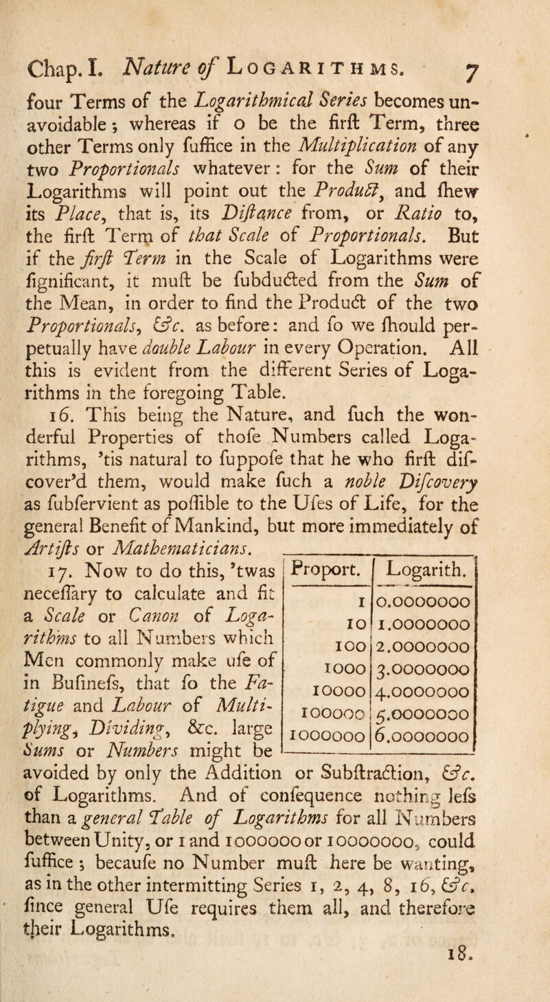 four Terms of the Logarithmical Series becomes un¬ avoidable *, whereas if o be the firft Term, three other Terms only fuffice in the Multiplication of any two Proportionals whatever: for the Sum of their Logarithms will point out the Product^ and fhew its Place^ that is, its Difiance from, or Ratio to, the firft Terni of that Scale of Proportionals, But if the firfi Lerm in the Scale of Logarithms were fignificant, it muft be fubdudled from the Sum of the Mean, in order to find the Producft of the two Proportionals^ ific, as before; and fo we ftiould per¬ petually have double Labour in every Operation. All this is evident from the different Series of Loga¬ rithms in the foregoing Table. 16. This being the Nature, and fuch the won¬ derful Properties of thofe Numbers called Loga¬ rithms, ’tis natural to fuppofe that he who firft dif- cover’d them, would m.ake fuch a noble Difcovery as fubfervient as poffible to the Ufes of Life, for the genera! Benefit of Mankind, but more immediately of Artifis or Mathematicians,_ 17. Now to do this,’twas Proport. Logarith. j neceffary to calculate and fit “ ~ o^ooooooo 2. Scale or Canon of Loga- _ liooooooo rith'ms to all Numbers which 10012 *0000000 Men commonly make ufe of 3.0000000 in Bufmefs, that fo the Fa- 4.0000000 //g-ue and Labour of Multi- 100000 5.0000000 flyings Dividing, See. large 1000000 6.0000000 iiums or Numbers might be- avoided by only the Addition or Subftradlion, ffic, of Logarithms. And of confequence nothing lefs than a general Lable of Logarithms for all Numbers between Unity, or i and looooooor 100000005 could fuffice *, becaufe no Number muft here be wanting, as in the other intermitting Series i, 2, 4, 8, 16, ffic, fince general Ufe requires them all, and therefore tj)eir Logarithms. Proport. Logarith. ] I 10 100 1000 10000 100000 1000000 0.0000000 1.0000000 2.0000000 3.0000000 4.0000000 5.0000000 6.0000000 18.