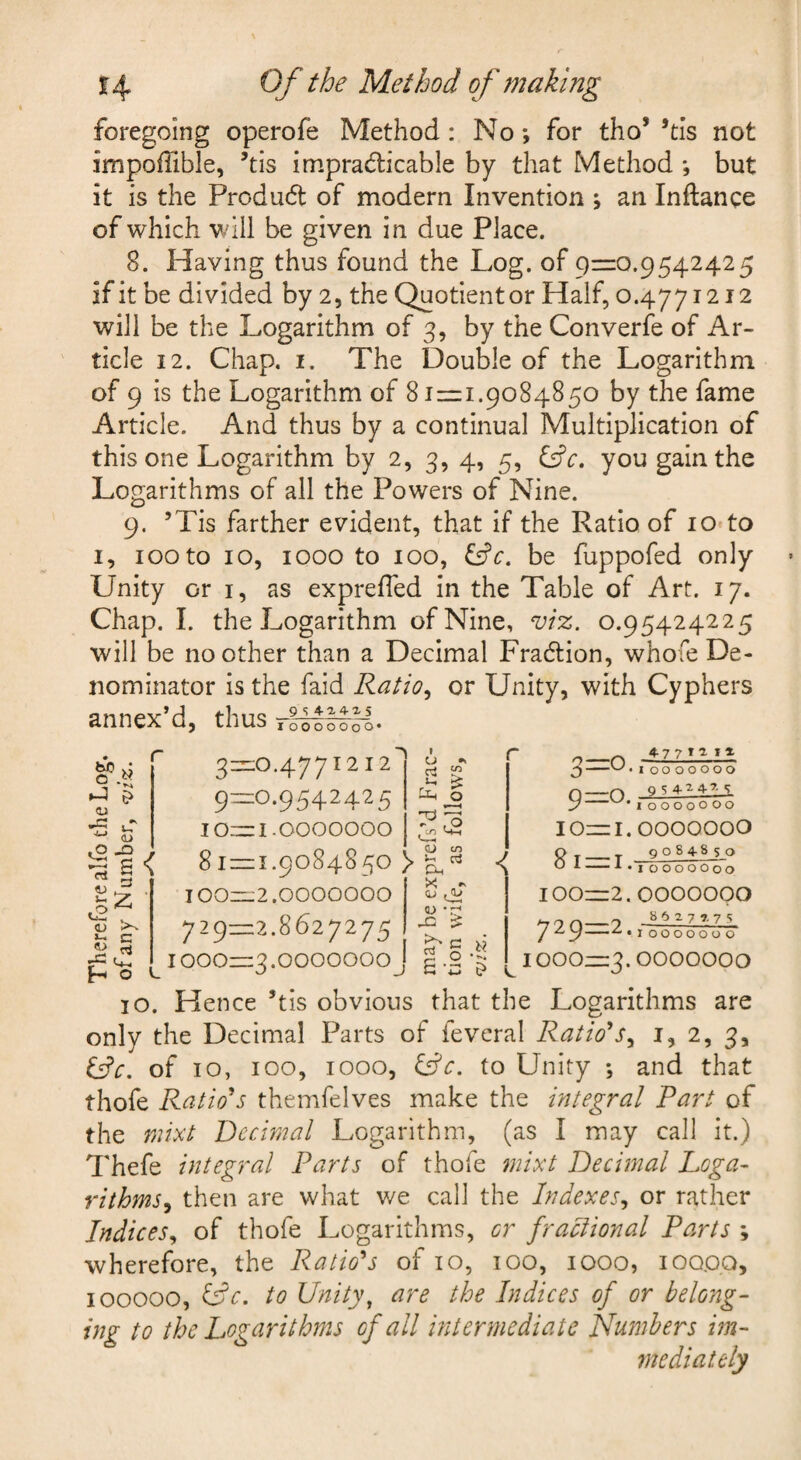 foregoing operofe Method : No; for tho’ ’tis not impoffible, ’tis impradicable by that Method •, but it is the Prcduc5t of modern Invention ; an Inftance of which v/ill be given in due Place. 8. Having thus found the Log. of 9=0.9542425 if it be divided by 2, the Quotient or Half, 0.4771212 will be the Logarithm of 3, by the Converfe of Ar¬ ticle 12. Chap. I. The Double of the Logarithm of 9 is the Logarithm of 81=1.9084850 by the fame Article. And thus by a continual Multiplication of this one Logarithm by 2, 3, 4, 5, you gain the Logarithms of all the Powers of Nine. 9. ’Tis farther evident, that if the Ratio of io«to I, 100 to 10, 1000 to 100, lie. be fuppofed only Unity or I, as expreffed in the Table of Art. 17. Chap. I. the Logarithm of Nine, 0.95424225 will be no other than a Decimal Fradtion, whofe De¬ nominator is the faid Ratio^ or Unity, with Cyphers annex’d, thus *-3 ^ <u i-T ^ o ^1 <u >- c ^ nj H o 3=0.4771212' 0 e- CO 2 ^ 9=0.9542425 r ^ CiH 0 10=1.0000000 •' . Q to '-♦-I < 81=1.9084850. (L> to !> < 100=2.0000000 729=2.8627275 1000=3 .ooooooo_^ may be don vvi r 3=0. 4-7 7 Tg IT I 0000000 Q 0 5 4^4g-5- 1 ooooooo 10=1.0000000 8__^ 9084850 A-■‘•lOOOOOoO 100=2. coooopo >720—2 — / *10000000 1000=3. OOOOOOO lO. Hence ’tis obvious that the Logarithms are only the Decimal Parts of feveral Ratio's^ i, 2, 3, of 10, 100, 1000, i^c. to Unity ; and that thofe Ratio's themfelves make the integral Part of the mixt Decimal Logarithm, (as I may call it.) Thefe integral Parts of thofe mixt Decimal Loga¬ rithms^ then are what we call the Indexes^ or rather Indices^ of thofe Logarithms, cr fractional Parts ; wherefore, the Rations of 10, 100, 1000, loo.oo, 100000, Cfr. to Unity^ are the Indices of or belong¬ ing to the Logarithms of all intermediate Numbers im¬ mediately