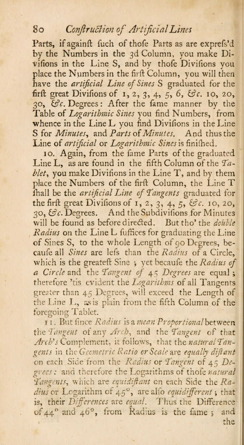 So Conjlruclwi of ArtificialLine^ Parts, if againft fuch of thofe Parts as are exprefs’d by the Numbers in the 3d Column, you make Di- vifions in the Line S, and by thofe Divifions you place the Numbers in the firft Column, you will then have the artificial Line of Sines S graduated for the hrft great Divifions of 1,2, 3, 4, 5, 6, 10, 20, 30, Degrees: After the fame manner by the Table of Logarithmic Sines you find Numbers, from whence in the Line L you find Divifions in the Line S for Minutes^ and Parts of Minutes, And thus the Line of artificial or Logarithmic Sines\'^ finifhed. 10. Again, from the fame Parts of the graduated Line L, as are found in the fifth Column of the Th- hlet^ you make Divifions in the Line T, and by them place the Numbers of the firfi: Column, the Line T lhall be the artificial Line of Langents graduated for the firfi great Divifions of i, 2, 3, 4, 5, SAc. 10, 20, 30, iSc. Degrees. And the Subdivifions for Minutes will be found as before diredfed. Buttho’the double Radius on the Line L fuffices for graduating the Line of Sines S, to the whole Length of 90 Degrees, be- caufe all Sines are lefs than the Radius of a Circle, which is the greateft Sine *, yet becaufe the Radius of a Circle and the Lan gent of 45 Degrees are equal ; therefore ’tis evident the l.ogarithms of all Tangents greater than 45 Degrees, will exceed the Length of the line L, as is plain from the fifth Column of the foregoing Tablet. 11. But fince Radius is a mean ProportionalhttvjQ^w Xh<e,'Iangent of any AVaa, and tht Langent of that Arclfs Complement, it follows, that the natural Tan¬ gents in ihcGecmetrie Ratio or Scale d.rQ. equally diftant on each Side from the Ruidius or Tangent of 45 De¬ grees: and therefore the Logarithms of \.h.o{c natural Tanyents. winch are CQuidHiant cn each Side the Ra- dins ox Logarithm of 45^, are alfo equidifferent; that is, their Dijferences are equal, d'hus the Difference of44’ and 46^, from Radius is the fame s and the