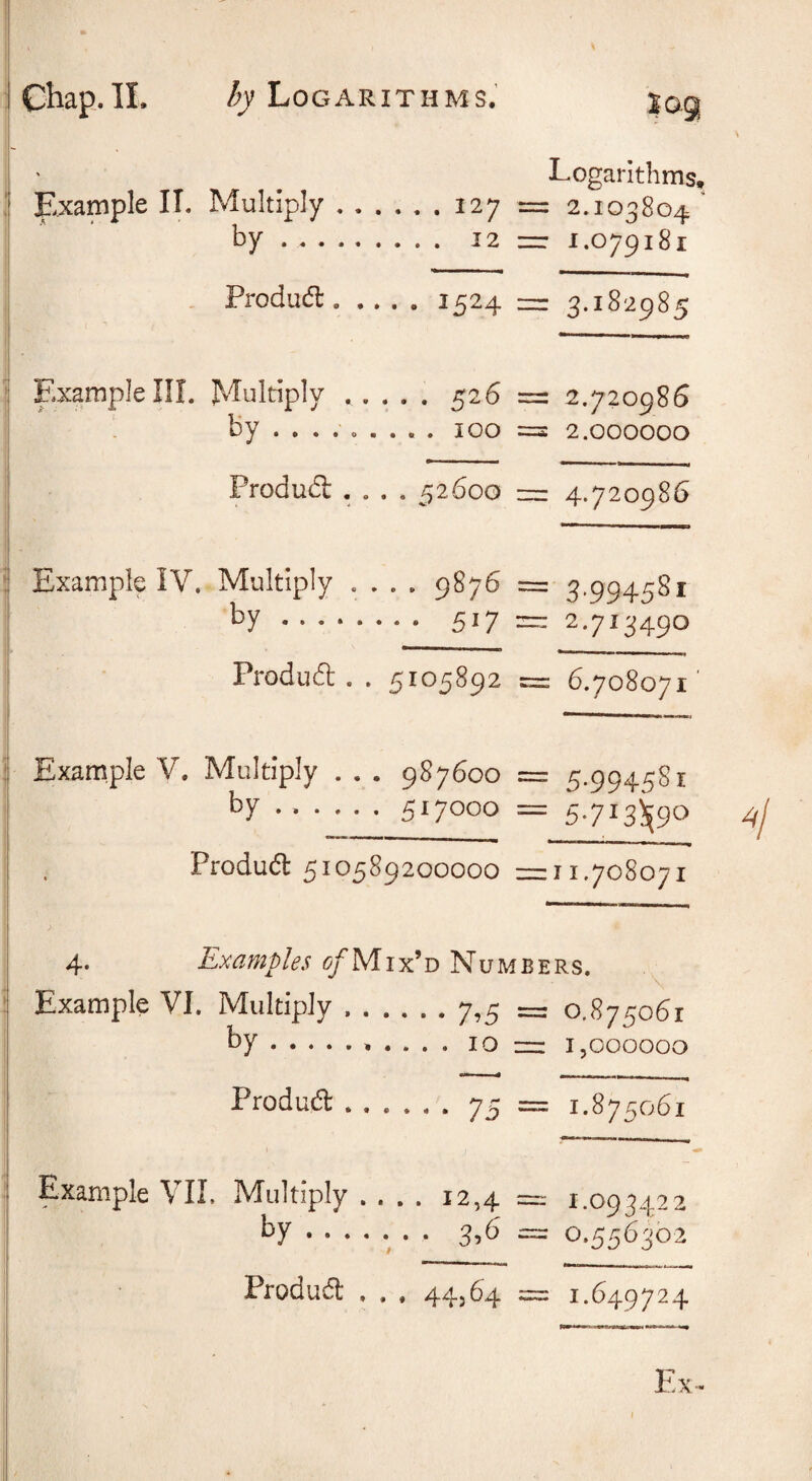 !| Example IL Logarithms, Multiply.127 = 2.103804 ‘ by. 12 =r 1.079181 Produd:.1524 = 3.182985 -t j j- i Example III. Multiply ..... 526 == 2.720986 by . 100 =: 2.000000 Produd .... 52600 ziz: 4.720986 Example IV. Multiply .... 9876 == 3.994581 hy. 517 = 2.713490 Produd . . 5105892 = 6.708071 i Example V. Multiply . . . 987600 = 5.9945S1 : by .. = 5.713)^90 4 I , Produd 510589200000 =11.708071 4. Examples of Mix'd ’ Example VI. Multiply.7,5 = 0.875061 I by., . . . . 10 ziz I5O00000 Produd.75 = 1.875061 I Example VIL Multiply .... 12,4 =r 1.093422 I by ...... . 3,6 0.556302 j '**'*'^ ‘ ■— - ,1 ■ I Produd . . , 44364 = 1.649724