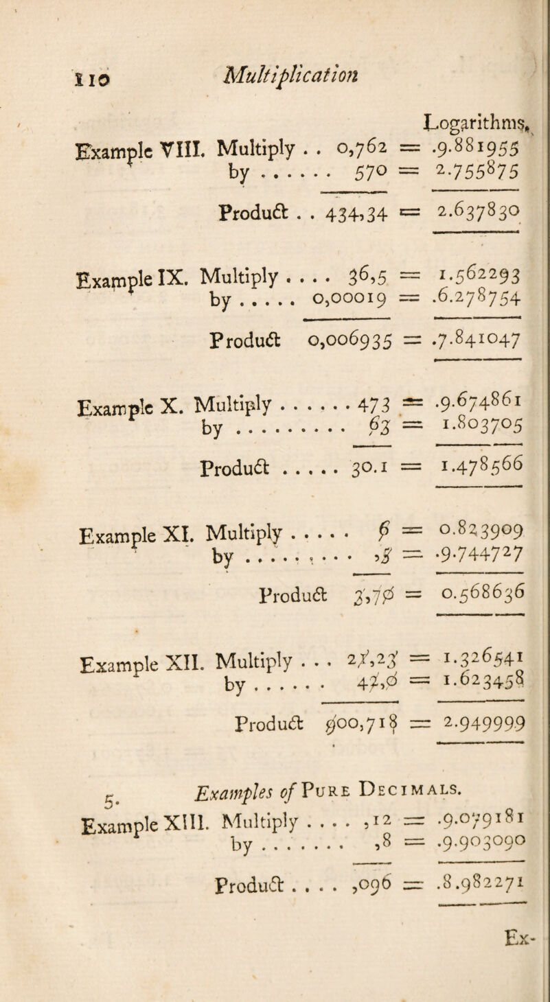 I_,ogsrithms,_ Example VIII. Multiply . . 0,762 = .9.881955 ' by. 570 = 2.755875 Produft . . 434.34 = 2.637830 Example IX. Multiply .... 36.5 — ^.562293 ■ by. 0,00019 = .6.278754 Produa 0,006935 = .7.841047 Example X. Multiply. 473 = •9-674861 by. 63 = 1.803705 Produft.30.1 = 1.478566 Example XI. Multiply ..... ^ = 0.823909 ■ ■ by — •9-744727 Produd 2',7?® = 0.568636 Example XII. Multiply . . . 2^,23 — 1.326541 by. 4?.d = 1-623458 Produd 900,71? = 2.94999.9 c. Examples ofVvRZ Decimals. Example XIU. Multiply .... ,12 = .9.079181 by. -.8 = .9-903090 Produft .... ,096 =: .8.982271
