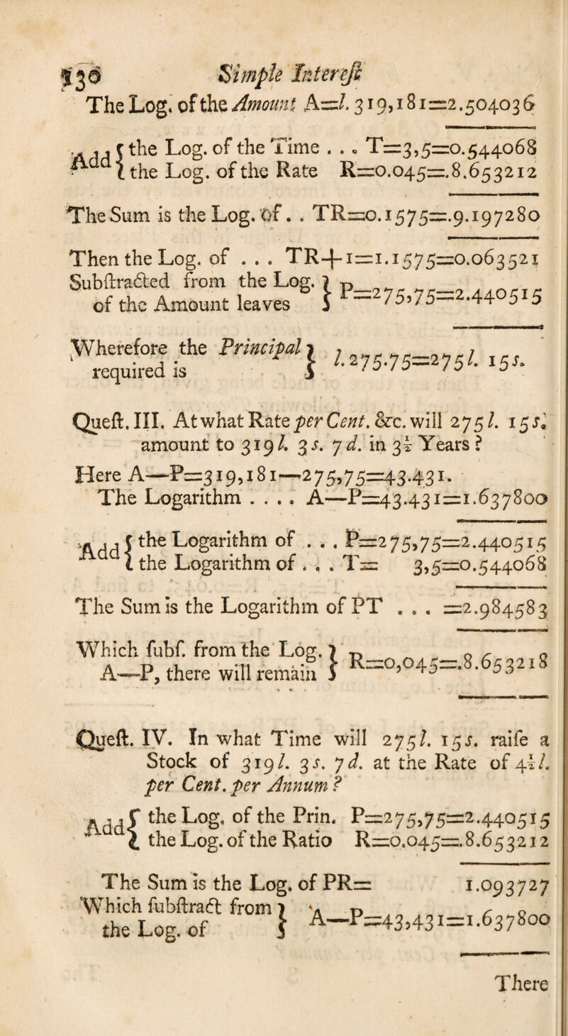 the Log. of the Time . .« T=:3,5=zo.544068 the Log. of the Rate R=o.045=i.8.6532i2 The Sum is theLog/Of. . TR=o.i575=:.9.i9728o Then the Log. of . . . TR-f* 1=1.1575=0.063521 '““stint”. W \ 1>-75,75-.4405.5 ^Wherefore the Principal required is \ /.275.75=275/. 15^. Queft.III. At what Rate&c. will 275/. amount to 319 /. 3 .r. j d.mOfk Years ? Here A—P=319,181-^275,75=43.431. The Logarithm .... A—P=43.431=1.637800 jvdd5Logarithm of . . , P—275,75=2.440515 the Logarithm of . . . T= 3,5=0.544068 The Sum Is the Logarithm of PT . . . =2.984583 Which fubf. from the Log. 7 r, o /r o A—r, there will remain 3 ’ Quell. ly. In what Time will 275/. 15J. raife a Stock of 319/. ^s. yd, at the Rate of 4-1/. per Cent, per Annum ? AddX Log. of the Prin. P=275,75=2.4405i i the Log. of the Ratio R=o.045=.8.65321 The Sum is the Log. of PR= 1.093727 Which fubftraft from 7 v r> ^ o the Log. of ' \ A-P=43,431=1.637800 There