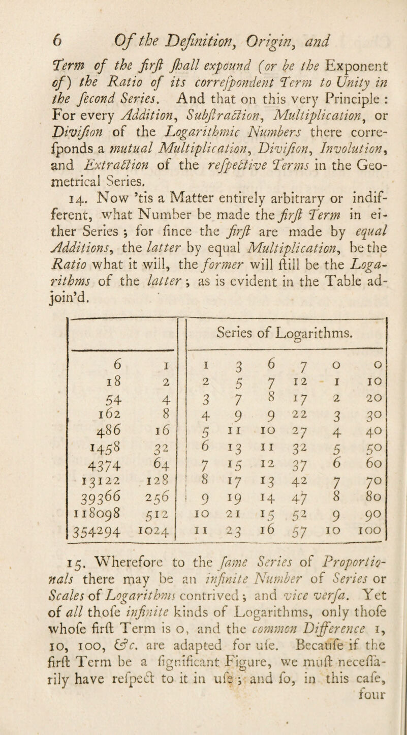 Term of the jirft fall expound (or he the Exponent of) the Ratio of its correfpondent Term to Unity in the fecond Series. And that on this very Principle : For every Addition, Subftraction, Multiplication, or Divifion of the Logarithmic Numbers there corre- fponds a mutual Multiplication, Divifion, Involution y and Extraction of the refpeCtive Terms in the Geo¬ metrical Series. 14. Now ’tis a Matter entirely arbitrary or indif¬ ferent, what Number be made the firft Term in ei¬ ther Series ; for ftnce the firft are made by equal Additions, the latter by equal Multiplication, be the Ratio what it will, the former will ftill be the Loga¬ rithms of the latter \ as is evident in the Table ad¬ join’d. Series of Logarithms. 6 1 1 3 6 7 0 0 18 2 2 5 7 12 1 10 54 4 3 7 8 l7 2 20 162 8 4 9 9 22 3 30 486 16 5 j 1 10 27 4 40 i458 32 6 13 11 32 5 5° 4374 64 1 7 15 12 37 6 60 13122 128 8 *7 *3 42 7 70 39366 2 56 9 *9 14 47 8 80 118098 512 10 21 15 52 9 90 354294 1024 11 23 16 57 10 100 15. Wherefore to the fame Series of Proportio¬ nals there may be an infinite Number of Series or Scales of Logarithms contrived; and vice verfa. Yet of all thofe infinite kinds of Logarithms, only thofe whofe firft Term is o, and the common Difference 1, 10, 100, &amp;c. are adapted for ufe. Becaufe if the firft Term be a fignificant Figure, we rnuft necefla- rily have refpetft to it in ufe ; and fo, in this cafe, four