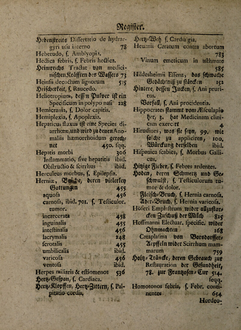 Jgk’bettjtrdfg Ddlertatio de hydrar- gyri ufu intern© 78 Hebetudo, f, Ämb'yopn. Fledica febris, f, Febris heflica. jjjetmreicbö Trächt tt medici- nifeben Äriijffen ®aj|er$ 73 Heinin decoäum lignoruai 515 Jfrtifdba-feit, f. Raucedo. Heiiotropiura, tcjpn ^ufttcr Speciflcum in polypo nafi 228 Hemicrania, f. Dolor capitis. Hemiplexia, f4 Apoplexia. Hepaticusfluxus tff eilte Specks di- arrhoex,unb wirb $ut betten Ano- maliis hxmorrhoidum gerecb* ttCf 450. fqq. Hepatis morbi 30 6 Inflammatio, live hepatitis ibid. Qbfbruftlo & lcirrlius ibid. Herculeus morbus, f* Epilepiia. Hernix, Q3eiy>e/ $wen tueierfeb ©attunjfm 455 aquofa 456 carnofa, ibid. 701. f4 Tefticulor. turrror. incarcerata 458 inguinalis 455 inteftinaiis 456 lacrymalis 248 fcrotalis 455 umbilicalis ibid. varicofa 4S<5 veotofa * ibid. Herpes miliaris & eftiomenos 536 JjKfl^Sefpan, f. Cardiaca. ©er^Älöpffen, f, Pal- pitatio cordis. f Cnrdta'gia, Heurnii Ceratum contra abortum *■ . - •  783 Vinum emeticum in äfthmate . 3 ' 1 585 Hildesheimii Ellenz, ba$ fdjwacbe ©ebäcbfmg ja fiärefett 152 bej]en 3ucfctt/ ft Ani pruri- tus. SörfaÖ/ f. Ani procidentia. Hippocrates ßammt Pöm^ErcuIapi® fyXf 3^ Medicinam clini- cam exercirf 4 Hirudines, m* fie fepn, 99, wie folebe ju appliciren, 100. , Söürcfung berfelbeu ibid. Hiipanica feabies, f. Morbus Galli¬ ens. J&igige pichet, f. Febres ardentes. $oben, bmn ©cbmerfc unb ®e* fcbttmljf/ f. Tefticulorum tu¬ rn or & dolor. Sletfc&*33rucfr/ £ Hernia carnofa. . 2(bcCs95rilcb/ f. Hernia varicofa. Höferi Emplnftrum wiber at^ußar* efen pufebug ber2Mcb 825 HofFmanni Eleduar. ipecific. Wibec D^nmacbfm 1 dg Cataplafma pon SJoröborffete 2Ccpffe(n Wtbcr Scirrhum mam- marurn 759 #ol^$ra«cfe, bmn ©e6r<wcb $up Reihuration bt*C ©efunb^rify 78t $ur §tatt^ofen^£tir 514* feqq. Homotonos febris, ff Febr. conti- nentes 6$ 4 Hordeo-