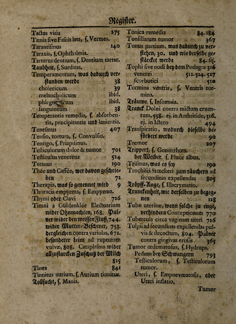 Taftus vitia 27S Tsnia five Fafcia lata, f. Vertnes. Tarantifmus *40 Taraxis» f. Ophthalmia. Tartarus dentium, f. Dentium tartar. ?atlb&ett; f.Surditas. Temperamentum, Wg$ bflbUV# Per* ßanben werbe f : 38 cholericum 39 melanchoiicum ibid. phlegiT^cutn ibid. fanguineum 38 Temperantia remedia, f. abforheu- tia, praecipitantia unb lenientia. Tenefmus 4°7 Tenfio, tortura, f. Convulfio. Tentigo, f.Priapifmus. Tefticulorum dolor & tumor 701 Tefticulusvenereus 524 Tetanus 190 Thee unb Caffee, wer baPött gcfcferie^ bcn 72 Therapia, Wö$ fö genennef Wirb 9 Thoracis empyema, f, Empyema. Thymi ober Clavi 726 Timaei a Güldenklee Eleduarium wiberOf>mnacl3tctt, 168. *Puf* Mi wibcr ben wetffen8hi$/744. wibec 9Rutter*i8efcbwer, 753. bergtcufeen contra variolas, 672. befonberer Um ad rupturam vulvae, 808. Cataplnfma wibec aÖ5U|hwf«n JJufcputi ber SBtücb 825 Tinea 841 Tinnitus aurium, f, Aurium tinnitu«. Z oBfac^f/ Mania. Tonica remedia 84.184 Tonfillarum tumor 367 Tonus partium, waSbabatC&pi t>er^ fledert/ 30* unb wie berfelbe ge* fUrcfet werbe 84- fq* Tophi five nodi big bltti Podagra 3U* venerei 512.514.517 fcorbutici 510 Tormina ventris, f> Ventris tor- mina. ?r5utne, f. Infomnia. ?r«ncf Dolaei contra mi&um cruen- tum, 558. ej. in Arthritide, 316, ej. in I&ero 494 Tranfpiratio, Wobur# biefelbe be* fbrbert werbe 90 Tremor 207- ?r(pperf, f. Gonorrhoea. ber SSJetber, f. Fluor albus. Trifmus, Wö$ t$ fep 190 Trochifci Stoeckeri $um räudDem ad fecundinas expellendas 805 ^räpffc'ÄUge, f. Illacrymatio. Sruncfenfceit, wie berfelben $u begeg* nen 128 Tubje uterinx, wemt folcbe $u enge, PerfytnbernConceptionem 770 Tubercula circa vaginam Uteri 716 Tulpii ad fecundinas expellendas pul¬ vis &decoäum, 804. Rainer contra gingivas eroßs j Tumor cedematofus, f4 Hydrops. Pedum bep @cb wangcrn 793 Tefticulorum, f4 Tefticulorum tumor. Uteri, f. Empnevmatofis, ober Uten inflatio. Tumor