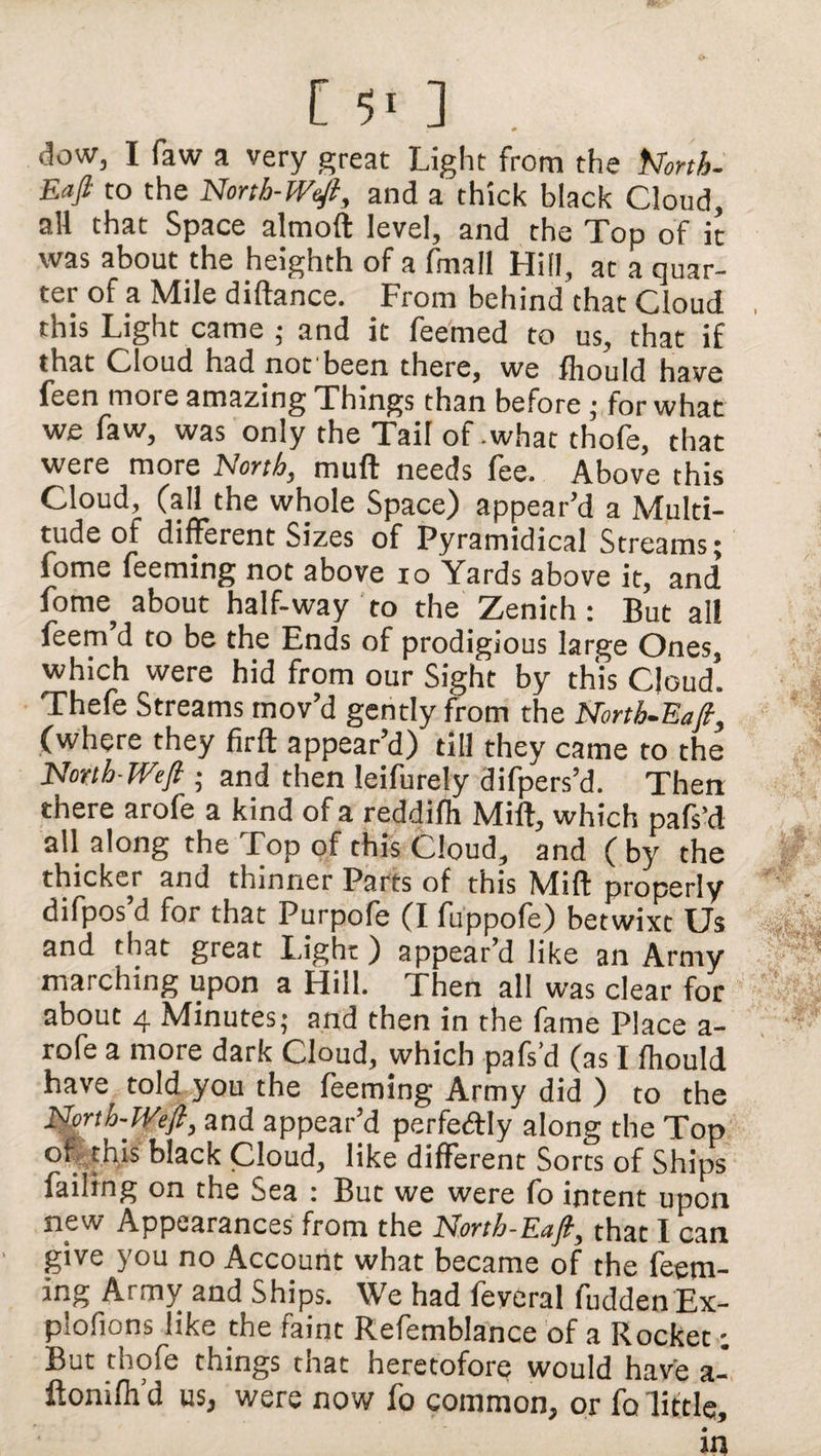 dow, I faw a very great Light from the North- Eafi to the North-Weft, and a thick black Cloud, all that Space almoft level, and the Top of it was about the heighth of a fmall Hill, at a quar¬ ter of a Mile diftance. From behind that Cloud this Light came ; and it feemed to us, that if that Cloud had not been there, we fhould have feen more amazing Things than before ; for what we faw, was only the Tail of .what thofe, that were more North, mull needs fee. Above this Cloud, (all the whole Space) appear’d a Multi¬ tude of different Sizes of Pyramidical Streams; fome feeming not above io Yards above it, and fome, about half-way to the Zenith: But all feem d to be the Ends of prodigious large Ones, which were hid from our Sight by this Cloud. Thefe Streams mov’d gently from the North-Eaft, (where they firft appear’d) till they came to the North-Weft ; and then leifurely difpers’d. Then there arofe a kind of a reddifh Miff, which pafs’d all along the Top of this Cloud, and ( by the thicker and thinner Parts of this Miff properly difpos’d for that Purpofe (I fuppofe) betwixt Us and that great Light) appear’d like an Army marching upon a Hill. Then all was clear for about 4 Minutes; and then in the fame Place a- rofe a more dark Cloud, which pafs’d (as I fhould have told you the feeming Army did ) to the North-Weft, and appear’d perfectly along the Top of this black Cloud, like different Sorts of Ships failing on the Sea : But we were fo intent upon new Appearances from the North-Eaft, that I can give you no Account what became of the feem¬ ing Army and Ships. We had feveral hidden Ex- plofions like the faint Refemblance of a Rocket But thofe things that heretofore would have a- ftonilh’d us, were now fo common, or fo little.