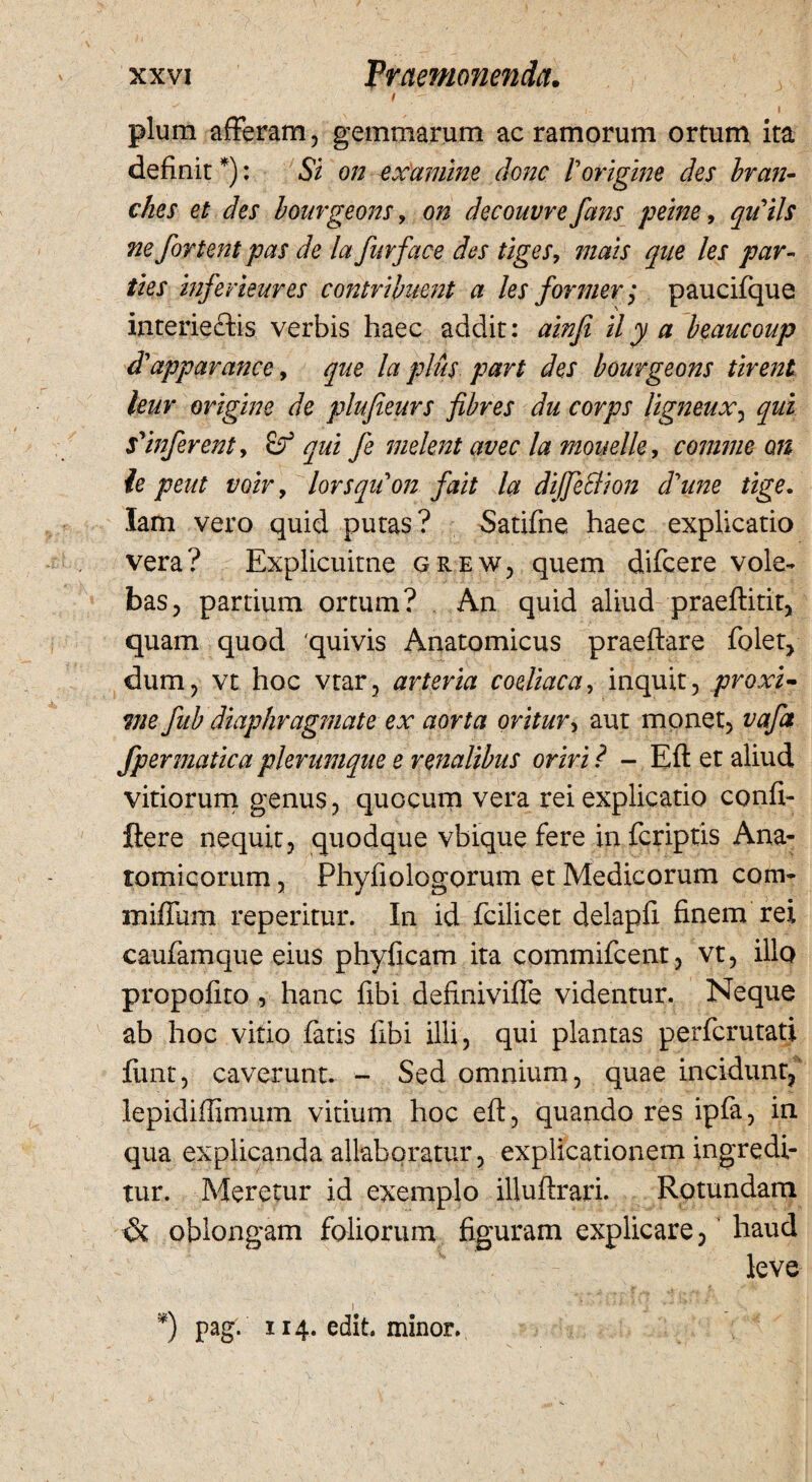 / V . ■ . / • / • ' • - | pium afferam, gemmarum ac ramorum ortum ita definit *): Si on examine donc f origine des hran- ches et des lourgeons, on decouvre fans perne, qudls ne fortent pas de la fur face des tiges, mais qne les par¬ ties infevieures contribuent a les former; paucifque interieftis verbis haec addit: ainfi il y a beaucoup d'apparance, que la plus part des bourgeons tirent leur origine de plufieurs fibres du corps ligneux, qui s'inferent, & qui fe melent avec la mouelle, comme on ie peut voir, lorsqiton fait la difeclion d^une tige. lam vero quid putas? Satifne. haec explicatio vera? Explicuitne grew, quem difcere vole¬ bas, partium ortum? An quid aliud praeftitit, quam quod 'quivis Anatomicus praedare folet, dum, vt hoc vtar, arteria coeliaca, inquit, proxi¬ me fub diaphragmate ex aorta oritur, aut monet, vafa fpermatica plerumque e renalibus oriri ? - Eft et aliud vitiorum genus, quocum vera rei explicatio confi¬ dere nequit, quodque vbique fere infcriptis Ana¬ tomicorum , Phyfiologorum et Medicorum com- miffum reperitur. In id fcilicet delapfi finem rei caufamque eius phyficam ita commifcent, vt, illo propofito , hanc fibi definiviffe videntur. Neque ab hoc vitio fatis fibi illi, qui plantas perfcrutati funt, caverunt. - Sed omnium, quae incidunt, lepidifiimum vitium hoc eft, quando res ipfa, in qua explicanda allaboratur, explicationem ingredi¬ tur. Meretur id exemplo illuftrari. Rotundam & oblongam foliorum figuram explicare, haud leve I * • I £ • - *>* * *) pag. 114. edit, minor.