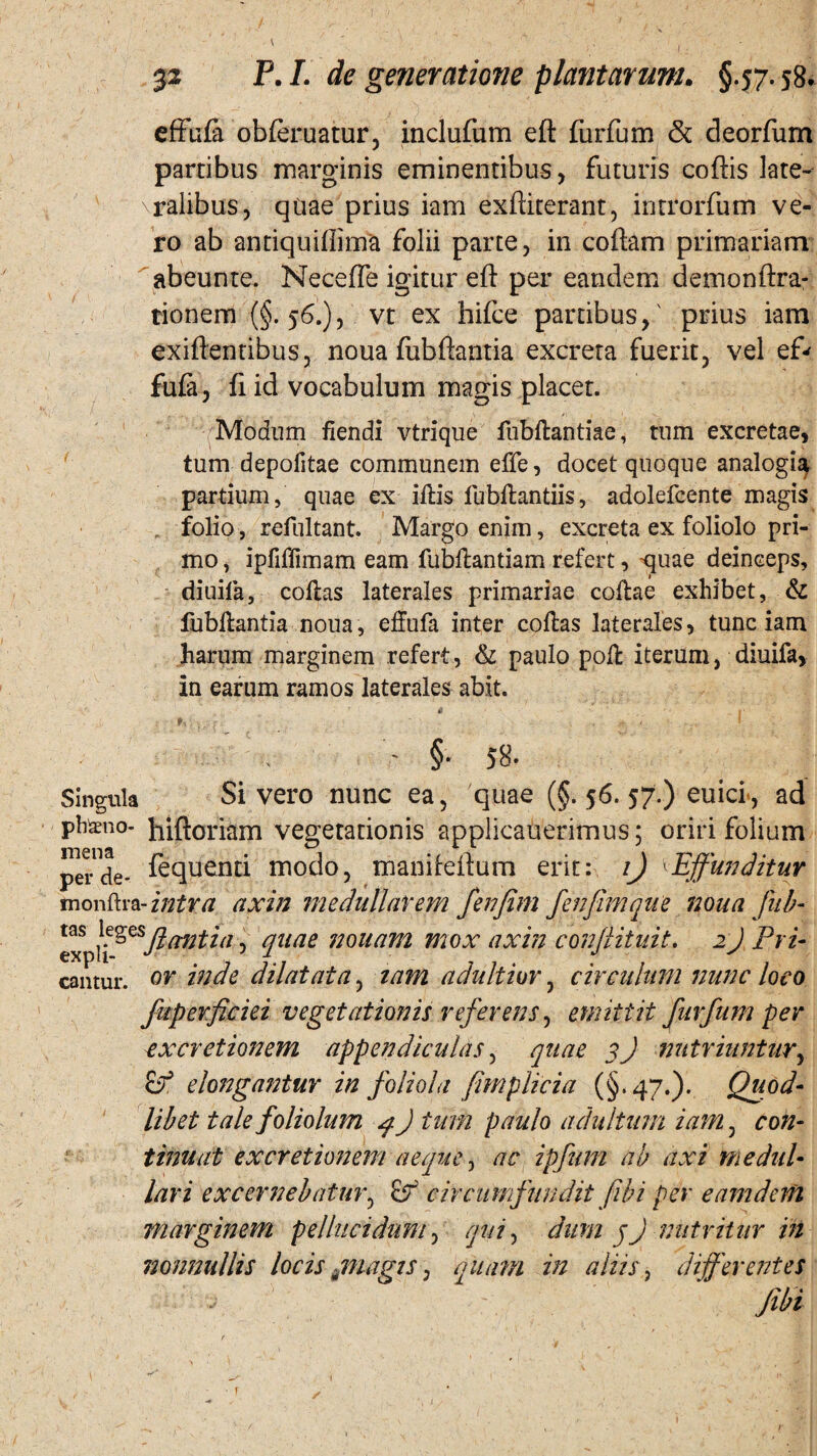 effufi obferuatur, inclufum eft furfum & deorfum partibus marginis eminentibus, futuris coftis late¬ ralibus, quae prius iam exftiterant, introrfum ve¬ ro ab antiquiffima folii parte, in coftam primariam abeunte. Neceffe igitur eft per eandem demonftra- tionem (§.56.), vt ex hifce partibus,' prius iam exiftentibus, noua fubftantia excreta fuerit, vel ef* fufi, fi id vocabulum magis placet. Modum fiendi vtrique fubftantiae, tum excretae, tum depolitae communem effe, docet quoque analogi^ partium, quae ex illis liibftantiis, adolefcente magis folio, refultant. Margo enim, excreta ex foliolo pri¬ mo , ipfiflimam eam fubftantiam refert, quae deinceps, diuila, collas laterales primariae collae exhibet, & fubftantia noua, effufa inter collas laterales, tunc iam harum marginem refert, & paulo poli iterum, diuifa, in earum ramos laterales abit. • §• 58- Singula Si vero nunc ea, quae (§. 56. 57.) euici, ad ph^no- hiftoriam vegetationis applicaverimus; oriri folium perde- fequenti modo, manifeftum erit: 1) 'Effunditur monftra-intra axin medullarem fenfim fenfim que noua fub- expi(l? luae nonam mox axin conflituit. 2J Pri- cantur. or inde dilatata, iam adultiur, circulum nunc loco fuperficiei vegetationis referens, emittit furfum per ex cretionem appendiculas, quae 3) nutriuntur, £> elongantur in foliola fimplicia (§.47.). Quod¬ libet tale foliolum $ J tum paulo adultum iam, con¬ tinuat ex cretionem aeque, ac ipfum ab axi medul¬ lari excernebatur, &r c irciimfhndit fib i per eam dem marginem pellucidum, qui, dum jJ nutritur tn nonnullis locis - magis, quam in alus, differentes Jibi f