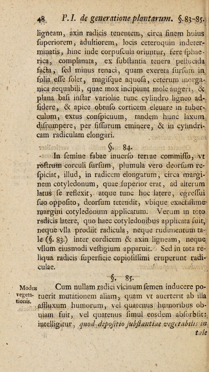 1 ligneam, axin radicis tenentem, circa finem huius fuperiorem, adultiorem, locis ceteroquin indeter¬ minatis, hinc inde corpufcula oriuntur, ferefphae* rica, complanata^ ex fubftanda tenera pellucida fa£la, fed minus tenaci, quam excreta furfum in fplia.effe folet, magifque aquofa, ceterum inorga¬ nica aequabili, quae mox incipiunt mole augeri, & plana bafi inftar variolae tunc cylindro ligneo ad- ijdere, & apice obtufo corticem eleuare m tuber¬ culum, extus confpicuum, tandem hunc laxum difrumpere, per fiffurum eminere, & in cylindri¬ cam radiculam elongari. §. 84; In femine fabae inuerfo terrae commiffo, vt roftrum corculi furfum, plumula vero deorfum re- fpiciat, illud, in radicem eiongatum, circa margi¬ nem cotyledonum, quae iuperior erat, ad alterum latus fe reflexit, atque tunc hoc latere, egreiTui fuooppofito, deorfum tetendit, vbique exabtiflnne^ margini cotyledonum applicatum. Verum in toto radicis latere, quo haec cotyledonibus applicata ruit, neque vlla prodiit radicula, neque rudimentum ta¬ le (§. 83.) inter cordicem & axin ligneam, neque vllum eiusmodi veftigium apparuit. Sed in tota re¬ liqua radicis fuperficie copiodflimi eruperunt radi¬ culae. 1 « v » §. 85. Modus Cum nullam radici vicinum femen inducere po- yegeta- tuerit mutationem aliam, quam vt auerterit ab illa «i°ms. a^-]L|Xum humorum, vel quatenus humoribus ob- uiam fuit, vel quatenus fimul eosdem abforbfic intelligitur ? quod depofitio jubfi antiae, vegetabilis in tale