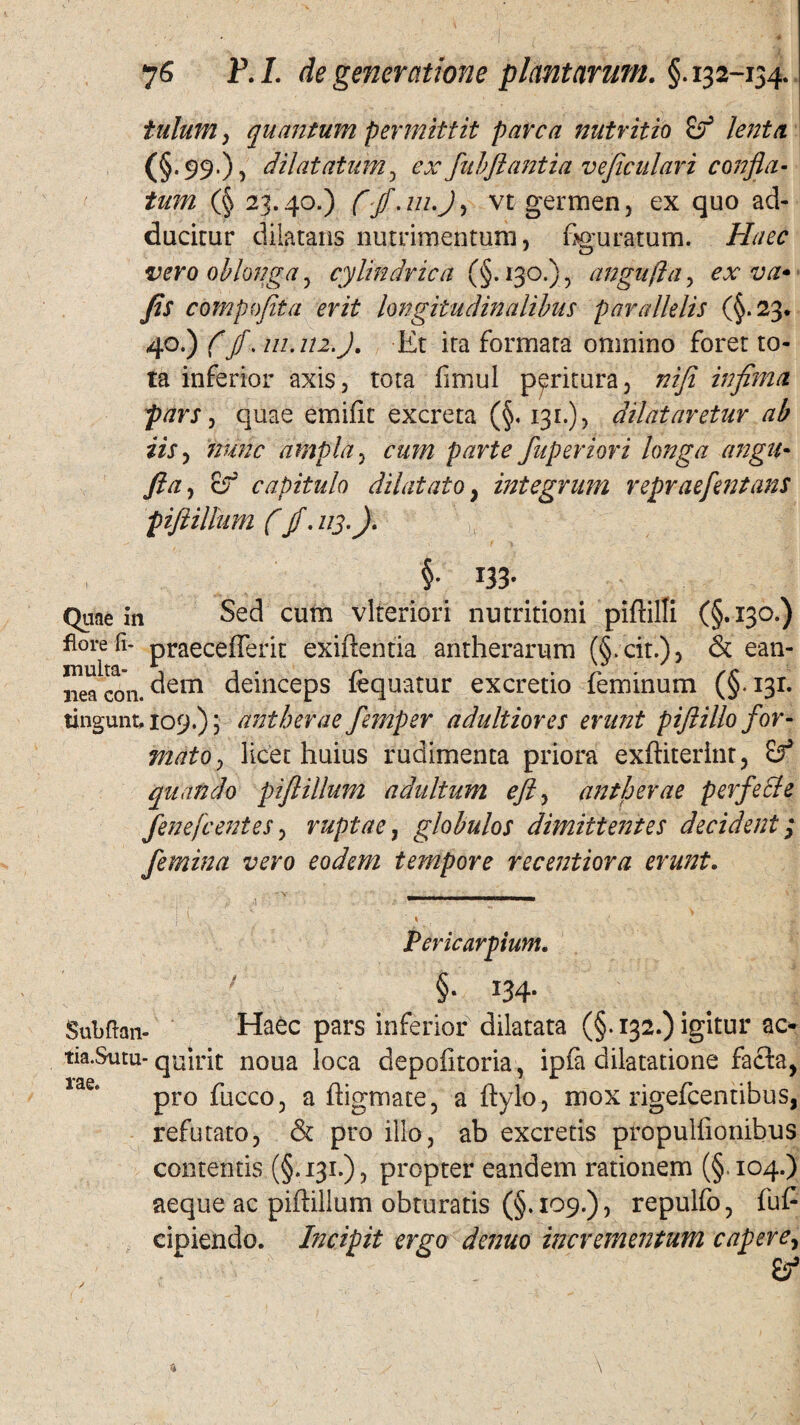 iulum} quantum permittit parca nutritio lenta (§.99.), dilatatum , ex fubftantia ve ficui ari confla¬ tum (§ 23.40.) f jf.iu.Jy vt germen, ex quo ad¬ ducitur dilatans nutrimentum, figuratum. Haec vero oblonga, cylindrica (§.130.), angufta, ex va* fis compofita erit longitudinalibus parallelis (§.23. 40.) f jf. ui.it2. J. Et ita formata omnino foret to¬ ta inferior axis, tota fimul paritura, niji infima pars, quae emifit excreta (§. 131.), dilataretur ab iis, iiunc ampla, <rz/7/2 parte fuperiori longa angit* fi a, cf capitulo dilatato, integrum repraefintans pifiillum f fi. 113.). §• J33- Quae in Sed cum vlteriori nutritioni pifhlli (§.130.) flore fi- praecefferit exiftentia antherarum (§.cit.), & ean- neacon.^em deinceps fequatur excretio feminum (§131. tingunt, 109.), antherae femper adultiores erunt pifiillo for¬ mato > licet huius rudimenta priora exftiterint, quando pifiillum adultum efiy antherae perfeci e fenefcentes, ruptae, globulos dimittentes decident; femina vero eodem tempore recentiora erunt. * Pericarpium. §. 134* Subfian- Haec pars inferior dilatata (§.132.) igitur ac- tia.Sutu- quirit noua loca depofitoria, ip£a dilatatione facta, pro fucco, a ftigmate, a ftylo, mox rigefcentibus, refutato, & pro illo, ab excretis propulfionibus contentis (§.131.)? propter eandem rationem (§104.) aeque ac pifiillum obturatis (§. 109.), repulfo, fu£ cipiendo. Incipit ergo denuo incrementum capere, (f / '