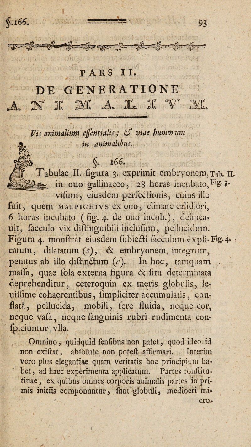 «0» ' PARS II. DE GENERATIONE ANI 3k£ A. JL DE V Vis animalium ejfentialis; viae humorum in animalibus. §. 166. Tabulae II. figura 3. exprimit embryonem, Tab. II. in ouo gallinaceo, 28 horas incubato,F*§- b vifum, eiusdem perfedionis, cuius ill< te fuit, quem malpighivs ex ouo, climate calidiori, 6 horas incubato ( fig. 4. de ouo incub.), delinea- uit, facculo vix diftinguibili mclufum, pellucidum. Figura 4. monftrat eiusdem fubie&i fecculum expli-Fig.4* catum, dilatatum (j), & embryonem, integrum, penitus ab illo diftinilum (y). In hoc, tamquam . maffa, quae fola externa figura & fitu determinata deprehenditur, ceteroquin ex meris globulis, le- uifiime cohaerentibus, limpliciter accumulatis, con¬ flati, pellucida, mobili, fere fluida, neque cor, neque vafa, neque fanguinis rubri rudimenta con- {piciuntur vlla. Omnino, quidquid fenfibus non patet, quod ideo id non exiflat, abfolute non poteil affirmari. Interim vero plus elegantiae quam veritatis hoc principium ha¬ bet, ad haec experimenta applicatum. Partes conflitu- tiuae, ex quibus omnes corporis animalis partes in pri¬ mis initiis componuntur, iunt globuli, mediocri mi- ^ cra-