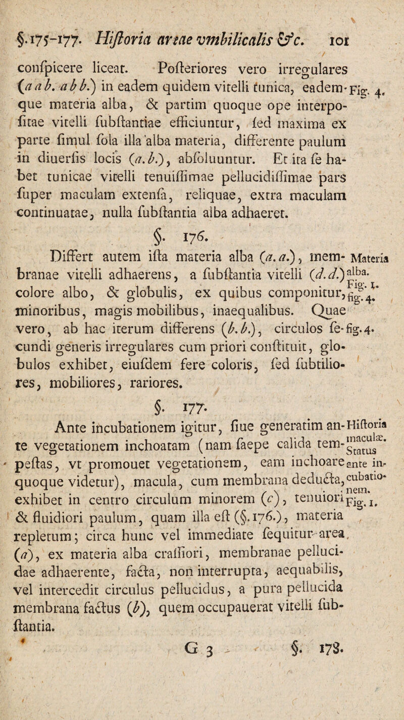 §.175-177- Hiftoria artae 'umbilicalis lot confpicere licear. Pofteriores vero irregulares {aab. abb.) in eadem quidem vitelli tunica, eadem* F12;. 4e que materia alba, & partim quoque ope interpo¬ li tae vitelli fubftantiae efficiuntur, (ed maxima ex parte fimul fola illa alba materia, differente paulum in diuerlis locis (a.b.), ablbluuntur. Et ita (e ha¬ bet tunicae vitelli tenuiffimae pellucidiffimae pars fuper maculam extenfa, reliquae, extra maculam continuatae, nulla fubflantia alba adhaeret. i §• 176. Differt autem ifta materia alba {a. a.), mem- Materia branae vitelli adhaerens, a fubftantia vitelli colore albo, & globulis, ex quibus componitur, minoribus, magis mobilibus, inaequalibus. Quae vero, ab hac iterum differens (b.b.)0 circulos fe-%.4» eundi generis irregulares cum priori conftituit, glo¬ bulos exhibet, eiufdem fere coloris, fed xubtilio- res, mobiliores, rariores. §• l77- Ante incubationem igitur, fiue generatim an-Hiftoria te vegetationem inchoatam (namfaepe calida tem-^^' peftas, vt promouet vegetationem, eam inchoare£nte io- quoque videtur), macula, cum membrana dedo£ta,cubati0‘ exhibet in centro circulum minorem (c)y tenuioripig. & fluidiori paulum, quam illa efl: (§.176.), materia repletum; circa hunc vel immediate fequkur area, (J), ex materia alba craffiori, membranae pelluci¬ dae adhaerente, facta, non interrupta, aequabilis, vel intercedit circulus pellucidus, a pura pellucida membrana fadtus (Q, quem occupauerat vitelli fub- ftantia.