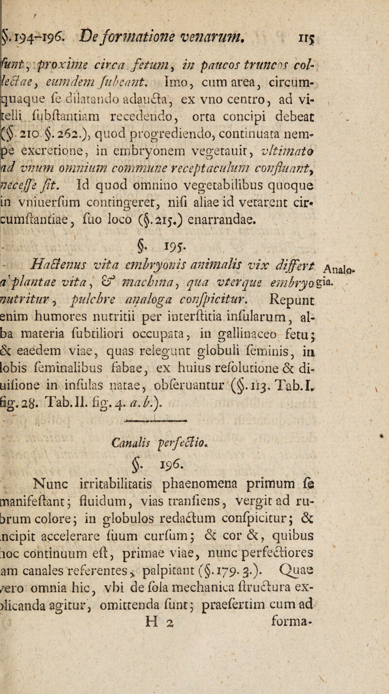 194-196. De formatione venarum. irj I funt, proxime circa fetum, in paucos truncos col¬ lectae y eumdem Jubeant. Imo, cum area, circum¬ quaque fe dilatando adaufta, ex vno centro, ad vi¬ telli fubftantiam recedendo, orta concipi debeat (§■ 210 §. 262.), quod progrediendo, continuata nem¬ pe excretione, in embryonem vegetauir, vltimato ad vmtm omnium commune receptaculum confluant, neceffe fit. Id quod omnino vegetabilibus quoque in vniuerfum contingeret, nifi aliae id vetarent cii> cumftantiae, fuo loco (§.215.) enarrandae. §• *?S- HaSlenus vita embryonis animalis vix differt Analo- a plantae vita, o~ machina, qua v ter que embryogia. - nutritur, pulchre analoga confpicitur. Repunt enim humores nutritii per ioterftitia infularum, al¬ ba materia fubtiliori occupata, in gallinaceo fetu; & eaedem viae, quas relegunt globuli feminis, in Lobis feminalibus fabae, ex huius refolutione & di- uillone in infulas natae, cbferuantur (§. 113. Tab.Ir fig. 28« Tab.il. fig. 4. a. b.J Canalis perfectio* £| ) 196. Nunc irritabilitatis phaenomena primum fe manifeftant; fluidum, vias tranflens, vergit ad ru¬ brum colore; in globulos redactum confpicitur; & .ncipit accelerare fiium curfum; & cor & ? quibus uoc continuum eft, primae viae, nunc perfectiores am canales referentes y palpitant (§.179.3.). Quas /ero omnia hic, vhi de fola mechanica flructura ex- dicanda agitur, omittenda funt; praefenim cum ad H 2 forma- /