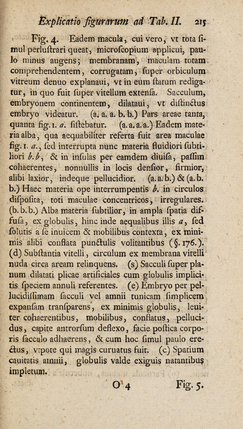 Fig. 4. Eadem macula, cui vero, vt totafi- mui perluftrari queat, microfcopium applicui, pau¬ lo minus augens; membranam, maculam totam comprehendentem, corrugatam, fuper orbiculum vitreum denuo expianaui, vt in eum flatum rediga¬ tur, in quo fuit fuper vitellum extenfa. Sacculum, embryonem continentem, dilataui, vt diftin£tus embryo videatur, (a. a. a. b. b.) Pars areae tanta, quanta fig.i. a. fiftebatur. (a. a. a. a.) Eadem mate¬ ria alba, qua aequabiliter referta fuit area maculae fig.i. a.y fed interrupta nunc materia fluidiori fubti- liori b.b, & in infulas per eamdem diuifa, paffim cohaerentes, nonnullis in locis denfior, firmior, alibi laxior, indeque pellucidior. (a.a. b.) & (a.b. b.) Haec materia ope interrumpentis b. in circulos difpofita, toti maculae concentricos, irregulares, (b.b.b.) Alba materia fubtilior, in ampla fpatia dif- fufa, ex globulis, hinc inde aequalibus illis a> fed fblutis' a fe inuicem & mobilibus contexta, ex mini¬ mis alibi conflata pun£tulis volitantibus (§-176.). (d) Subftantia vitelli, circulum ex membrana vitelli nuda circa aream relinquens, (s) Sacculi fuper pla¬ num dilatati plicae artificiales cum globulis implici¬ tis fpeciem annuli referentes, (e) Embryo per pel- lucidifllmam (acculi vel amnii tunicam fimplicem expanfam tranfparens, ex minimis globulis, leui- ter cohaerentibus, mobilibus, conflatus, pelluci¬ dus , capite antrorfum deflexo, facie poftica corpo¬ ris (acculo adhaerens, & cum hoc fimul paulo ere- £lus, vtpote qui magis curuatus fuit, (c) Spatium cauitatis amnii,, globulis valde exiguis natantibus impletum. O 4 Fig. 5. i