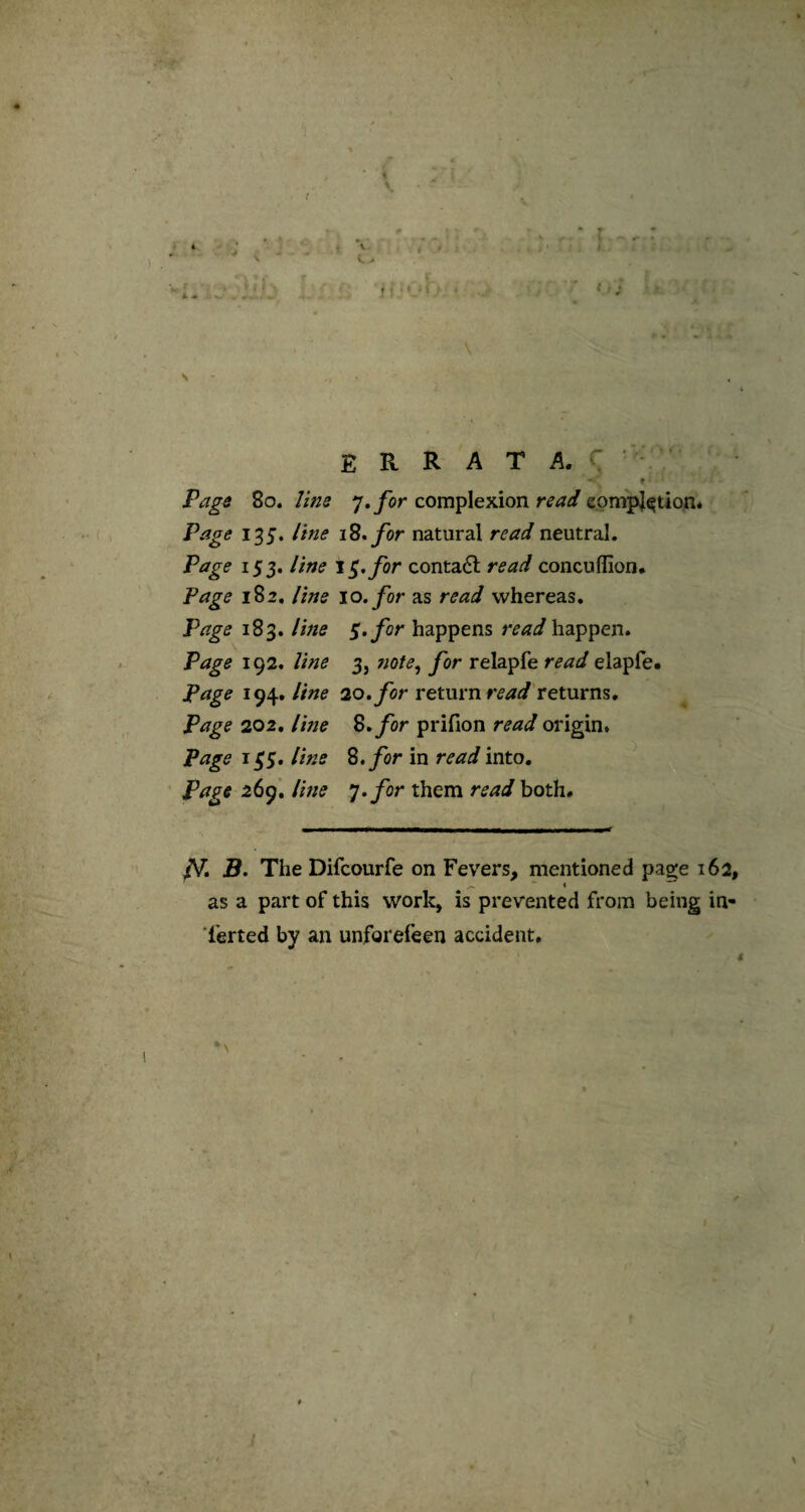 \ errata.' ^ t; 1 iVgtf 80. line 7. for complexion read completion. Page 135. line 18. for natural read neutral. Page 153. line i$.for contadt read concuffion. Page 182. line 10. for as read whereas. Page 183. line 3. for happens read happen. Page 192. line 3, note, for relapfe read elapfe. Page 194. line 20.for return read returns. Page 202. line 8. for prifion read origin. Page 1 £3. line 8 .for in read into. Page 26 9. line 7 .for them read both. N- B. The Difcourfe on Fevers, mentioned page 162, as a part of this work, is prevented from being in- Terted by an unforefeen accident.