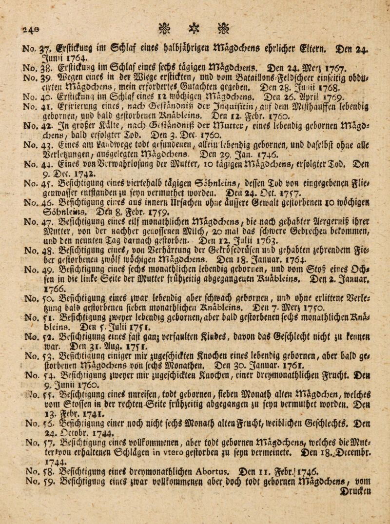 No, 37, (grfMuttö im ©chlaf eine# (jal&ja&rigett tttag&c&eus ehrlicher Sftern. Sen 24. 3unii 1704. ^ -. .. No. 38. (grflicfuHg int ©chlaf eines fechS tägigen tnag&cfceuo. Sen 24* Stfer] 1767. No. 39. *löegen eines in Der $8iege crjÜcften/ unb »am BataiÜORSgdDfcheer einfeitig obbil* eU’ten tftagödbcns, mein crförDerfeSc(Bu?achtenege{ieben. Sen 2g. 3unii *768. No. 40. (grjlicfunq im ©chlaf eines n^ocbigen tnagödbens. Sen aö^prii 1769. No, 41. Erfrierung eines, nach (B'eRanontß öec 3ngutfttm/,anf Dem $?iWhaujfen lebenbig gebornen/ uni) halb geworbenen ^nabldno. Sen iz, gebr. 1760. No. 42. 3n @ro§er Külte, nad> (BefiSnönig Der tftuttct, eines lebenbig gebornen tttagö* d?en« 1 ball) erfolgter Job. Sen 3. Sec. 1760. No. 43. Eines am fcfantwege tobt gefunöewen, allem lebendig gebornen, unb bafelbf? ohne alle Verlegungen/ auSgeieafen PHügDcbens Sen 29. 3an. 1746. No. 44. Eines oonVenoahrlofung Der Butter, 10 tägigen ttlago&ens/ erfolgter Job. Sen 9. Sec. 1742. No. 4f. Vepchtigung eines oiertehalb tägigen ©dhnlema, beffen Juboon eingegebenen g(i> gentoaffer entftanben zu fepn oerntutbet roorben. Sen 24* £)cf. 17f?. No. 46. Berechtigung eines aus inner« tlrfachen ohne äuffere (genmlt geworbenen 10 toocbigen ©dbnlems, S'rti 8. Srbr. 17f9. No. 47. Veftchtigung eines eilf monatlichen ittagödbens / bie nach gehabter Stergernif ihrer SSBntter, oon ber nachher genoffenen Sftüch/ 20 mal Das fernere ©ebtechen befommen, unb fcen neunten Jag Darnach geWorben- Sen 12. 3ulii 1763. No. 48. Berichtigung eines, pou Verhärtung ber ©efrofebrüfen unb gehabten jehrenbem gie* ber geworbenen jtvolf toochigeit tHagöcbens. Sen 18. 3nnuar. 1764- No. 49. Veftchfigung eines fec&S monatlichen lebenbig gebornen, unb 00m ©fof eines Och* fen in bie linfe ©eite Der Butter frühzeitig ubgegangeue« Gablern«, Sen 2.3unuar* 17 66. No. fo. Vefiehfigung eines jtoar lebenbig aber fdjtoach gebornen, unb ohne erlittene Verle* gimg halb geWorbenea fteben ntonathlichen &nablem». Sen 7. ütterz 1770. No. f i. Beftchtigung jBjeper lebenbig gebornen,aber halb geworbenenfed;S monatlichen ftna* bleinö. Sen f.3ulii i7fi. No. *2. Berichtigung eines faW ganj oerfaulten Ki«beS, baoon ba$ ©efchlecht nicht zu fennm mar. Sen 31. 9lug. 17fr. No. f3. Vefichtigung einiger mir augefebieffen Knochen eines lebenbig gebornen, aber halb gu Worbenen U>agöcbens Pon fechS SD?onathen. Sen 30.3nnuar. 1761. No. 54* Befkbrtgung zmeper mir zwgefchicftea Knochen, einer Drepmonötblic&en grucht. Se» 9. 3»nii 1760. vo. ff. Vefichtigung eines unreifen, tobt gebornen, (leben SWonafh alten tttagOdben, toelcbeS pom ®(offen in ber rechten ©eite frühzeitig abgegangen zu fet;n Permuthet toorbeu. Se« 13. gebe. 174 t. No. ?6. Vefichtigmig einer noch nicht fechS SSttonath altengmehf, leiblichen ©efchlechtS» Se« 24* Dctobr. 1744. No. 57, Be|id)ftgung eines poHFommenen, aber tobt gebornen tTCagbdbena, toel^eS bieSWuf# teripon erhaltenen ©(Jldgen in vtero geworben ju fepn Permeinete. Sen iSvSeeemhr. . 1744* No. Beftchfignng eines brepmonafhli^en Abortus. Sen 11. gebr.[i74ö* No. ^9. Bepchtigmig eines zioar Poöfommenen aber hod; tobt gebornen *r%Ocfce»s, pom Srucfm
