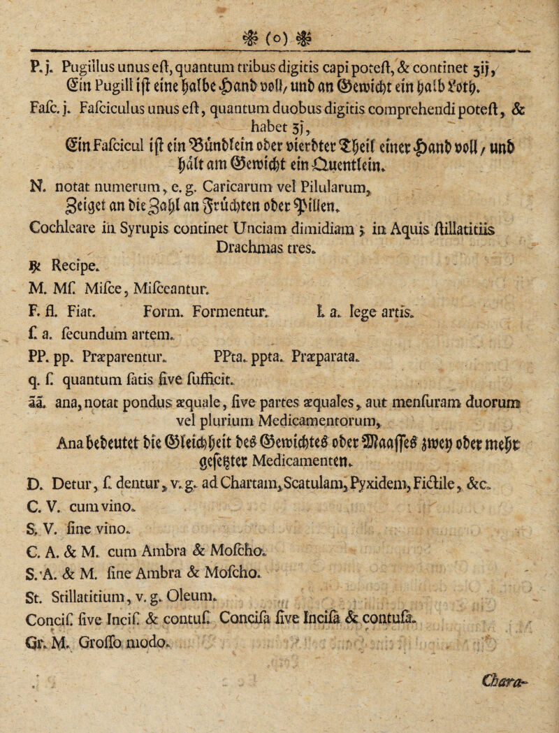 P. j. Pugillus unus eft, quantum tribus digitis capi porcfl, & continet 3!}, (Sin Pugill ifl eine halbe «|>anb oel£ unb an ©eroicbt ein batb 2tftb. Fafc. j. Fafciculusunuseft, quantum duobus digitis comprchendi poteft, & - habet 3}, Sin Fafcicul ifl ein ‘SSunbfein ober »ierbtet $|eif etnec |)«nb »oll / unb halt am ©eraicbt ein ^Quentlein. N. notat numerum, e. g. Caricarum vel Pilularum, geiget an btegafil an $rud)ten ober Rillen. Cochleare in Syrupis continet Unciarn dimidiam 5; in Aquis ftiUatitiis Drachmas tres.. Recipe. M. M£ Miice, Miiceantur. F. fl. Fiat. Form, Formentur. L a. lege artis, f. a. iecundum artem, PP. pp. Praparentur. PPta. ppta. Prstparata. q. fi quantum fatis live fuffkit. Sau ana, notat pondus aequalc, live partes ae quäl es, aut menfuram duorurn vel plurium Medicamcntorum, Ana gefeiter Medicamenten. D. Detur, £ dentur»v. g. ad ChartauijScatulam, Pyxidem, Fictile, &e. C. V. cum vino. S, V. fine vino. C. A. & M. cum Ambra & Mofcho. S.’A. & M. fine Ambra & Mofcho. St. Stillatitium, v. g. Oleum. Concif five InciC & contuf. Cancifa live Incifä & contufa. Gr.M. GrolTo modo. »s ■* * Cfrsra-