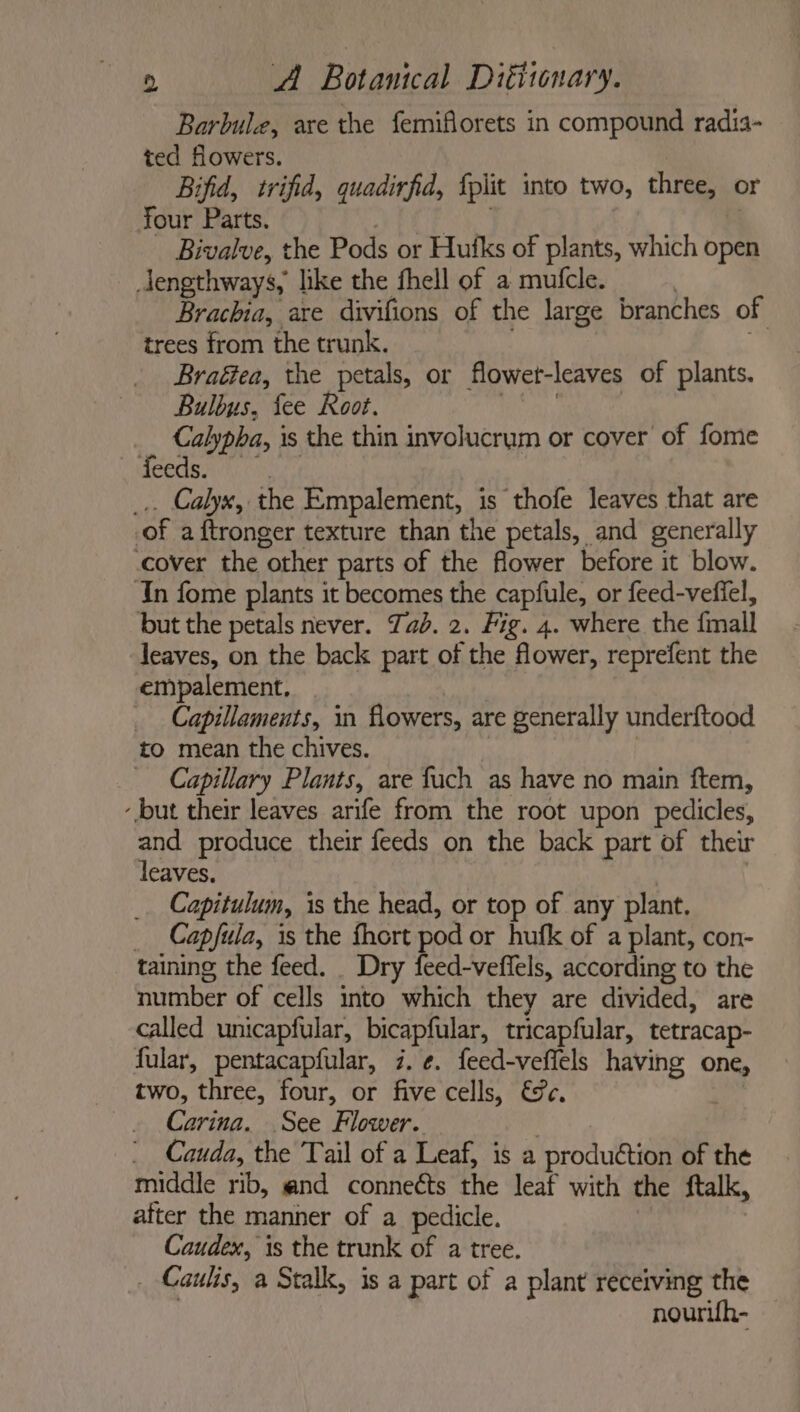 Barbule, are the femiflorets in compound radia- ted flowers. Bifid, trifid, quadirfid, {plit into two, three, or four Parts. a Fa ake | _ Bivalve, the Pods or Hutks of plants, which open Jengthways, like the fhell of a mufcle. | Brachia, are divifions of the large branches of trees from the trunk. . Braétea, the petals, or flowet-leaves of plants. Bulbus, fee Root. ent, | : Calypha, is the thin involucrum or cover of fome J ARCCCB A ined _.. Calyx, the Empalement, is thofe leaves that are of a ftronger texture than the petals, and generally cover the other parts of the flower before it blow. ‘In fome plants it becomes the capfule, or feed-veffel, but the petals never. Tad. 2. Fig. 4. where the fmall leaves, on the back part of the flower, reprefent the empalement, _ Capillaments, in flowers, are generally underftood to mean the chives. | - Capillary Plants, are fuch as have no main ftem, ‘but their leaves arife from the root upon pedicles, and produce their feeds on the back part of their leaves, | : Capitulum, is the head, or top of any plant. _ Capfula, is the fhort pod or hufk of a plant, con- _ taining the feed. _ Dry feed-veffels, according to the number of cells into which they are divided, are called unicapfular, bicapfular, tricapfular, tetracap- fular, pentacapfular, 7. ¢. feed-veffels having one, two, three, four, or five cells, &amp;e. Carina. See Flower. - Cauda, the ‘Tail of a Leaf, is a production of the middle rib, and conneéts the leaf with the ftalk, after the manner of a pedicle. : Caudex, is the trunk of a tree. . Caulis, a Stalk, is a part of a plant receiving the | nourifh-