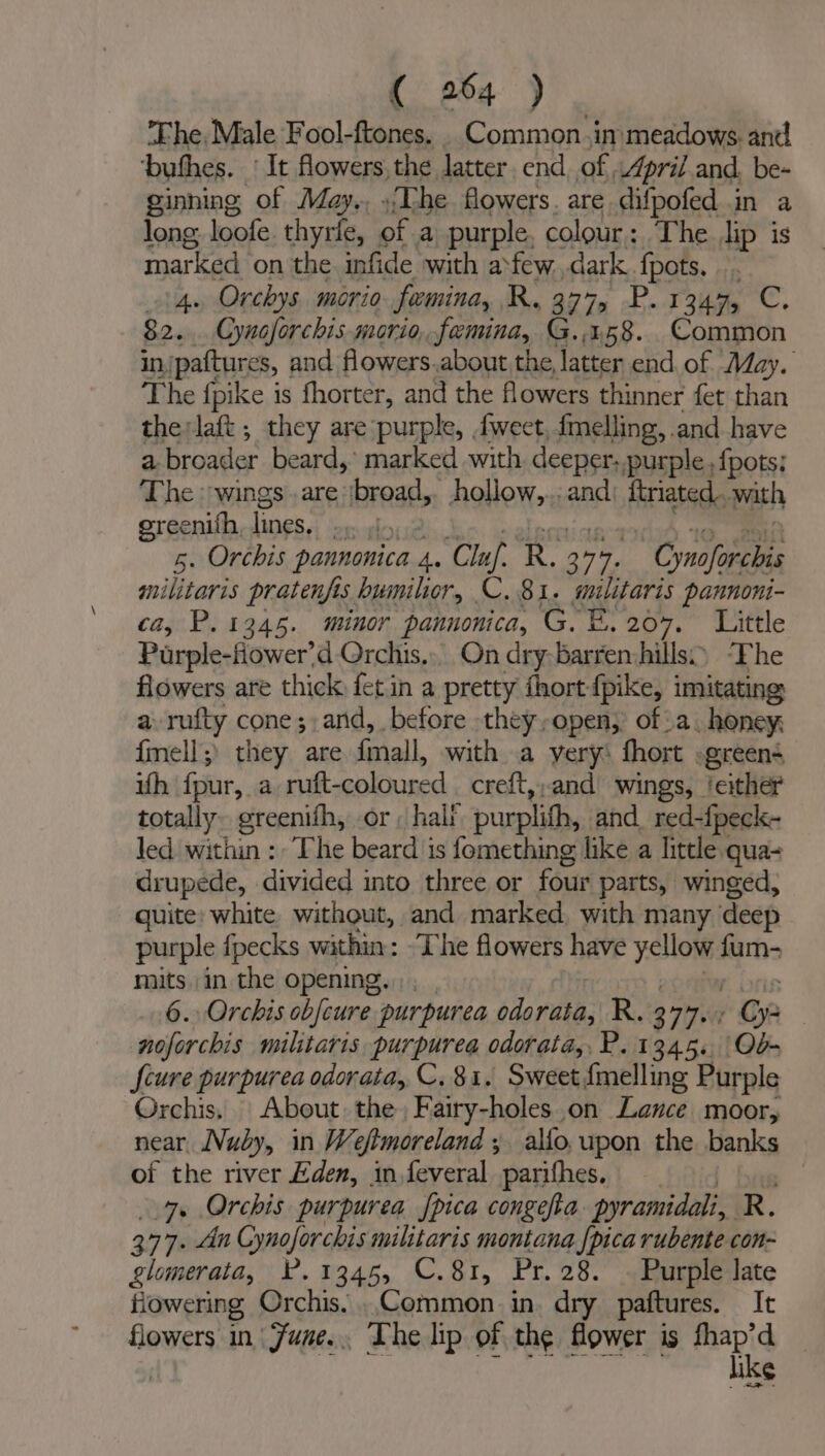 Fhe, Male Fool-ftones. . Common.inimeadows. and ‘bufhes. ‘It flowers, the latter. end of Aprif.and. be- ginning of May., ./Uhe flowers. are difpofed in a long loofe. thyrfe, of a purple, colour: The Jip is marked on the infide with afew.,dark fpots. .. 144 Orchys morio. femina, R. 377, P.1347, C. 82... Cynoforchis morio, femina, G..1.58.. Common injpaftures, and flowers.about the, latter end of May. The fpike is fhorter, and the flowers thinner fet than therlaft ; they are purple, fwect, fmelling, and have a broader beard,’ marked with. deeper..purple , {pots: The wings .are broad, hollow,.,.and) ftnated..with erseniolingss) seudoueiaks. welgeian 2d ie RR 5. Orchis pannonica 4. Cluf: R. 377. Cynoforchis militaris pratenfis humilior, C. 81. militaris pannoni- ca, P.1345. minor pannonica, G. E. 207. Little Purple-fower’d Orchis.. On dry-barren hills.) “Phe flowers are thick fet in a pretty fhort fpike, imitating a. rufty cone;,and, before they,open, ofa. honey; fmell;) they are fmall, with a very: fhort .green+ ith fpur, a ruft-coloured . creft,,and wings, ‘either totally. greenifh, or: half purplifh, and_ red-fpeck- Jed within : The beard is femething like a little. qua- drupede, divided into three or four parts, winged, quite: white without, and marked with many deep purple fpecks within: The flowers have yellow fum- mits in the opening. . poriw: Lris 6. Orchis obfcure purpurea odorata, R. 377..; Cys noforchis militaris purpurea odorata, P. 1345. Ob- Scure purpurea odorata, C. 81. Sweet{melling Purple Orchis, About the Fairy-holes on Lance moor, near Nuby, in Weftmoreland ; alfo, upon the banks of the river Eden, in feveral parifhes. = 9 |, 9. Orchis purpurea {pica congefta pyramidali, R. 377. An Cynoforchis militaris montana {pica rubente con- glomerata, P.1345, C.81, Pr. 28. . Purple late fiowering Orchis....Common in. dry paftures. It flowers in| June... The lip of the flower is rid | Danae i Md aoe Dia ee like