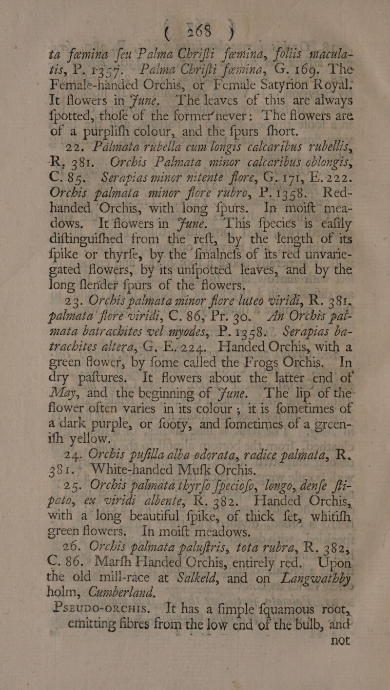 Se aa ee ae ta femina fen Palma Chrifii femina, foliis macula~ tis, P1357. - Palma Chrifli _famina, G. 169. The » Female-handed Orchis, or Female Satyrion Royal. It flowers in June. The leaves of this are always fpotted, thofe of the former’never: The flowers are of a purplifh colour, and the fpurs fhort. | 22. Palmata rubella cum longis calcaribus rubellis, R, 381. Orchis Palmata minor calcaribus oblongis, C. 85. Serapias minor nitente flore, G.t71, E. 222. Orchis palmata minor flore rubro, P.1358.. Red- handed ‘Orchis, with long {purs. In moift’ mea- dows. ‘It flowers in Fune. ‘This fpecies is eafily diftinguifhed from the reft, by the Tength of its fpike or thyrfe, by the fmalnefs of its red unvarie- gated flowers, by its unfpotted Jeaves, and by the long flerider fpurs of the flowers, 9 : 23. Orchis palmata minor flore luteo viridi, R. 381. palmata flore viridi, C. 86, Pr. 30. ° An Orchis pal- mata batrachites vel myodes, P. 1358. \. Serapias ba- trachites altera, G.E..224., Handed Orchis, with a green flower, by fome called the Frogs Orchis. In _ dry paftures. It flowers about the latter end’ of May, and the beginning of une. The lip of the flower often varies in its colour ; it is fometimes of a dark purple, or footy, and fometimes of a green- ifh yellow. ae | ta 24. Orchis pufilla alba odorata, radice palmata, R. 381.° White-handed Mufk Orchis. . 25. Orchis palmata thyr/o [peciofo, longo, denfe fti- peto, ém viridi albente, KR. 382. Handed Orchis, with a long beautiful fpike, of thick fet, whitifh, green flowers. In moift meadows. = ie 26. Orchis palmata paluftris, tota rubra, R. 382, C. 86. Marfh Handed Orchis, entirely red. Upon, the old mill-race at Swlkeld, and on Langwathby holm, Cumberland. | it a Ek oa Pszupo-orcuis. It has a fimple fquamous root, emitting fibres from the Jow end ‘of the bulb, and: not
