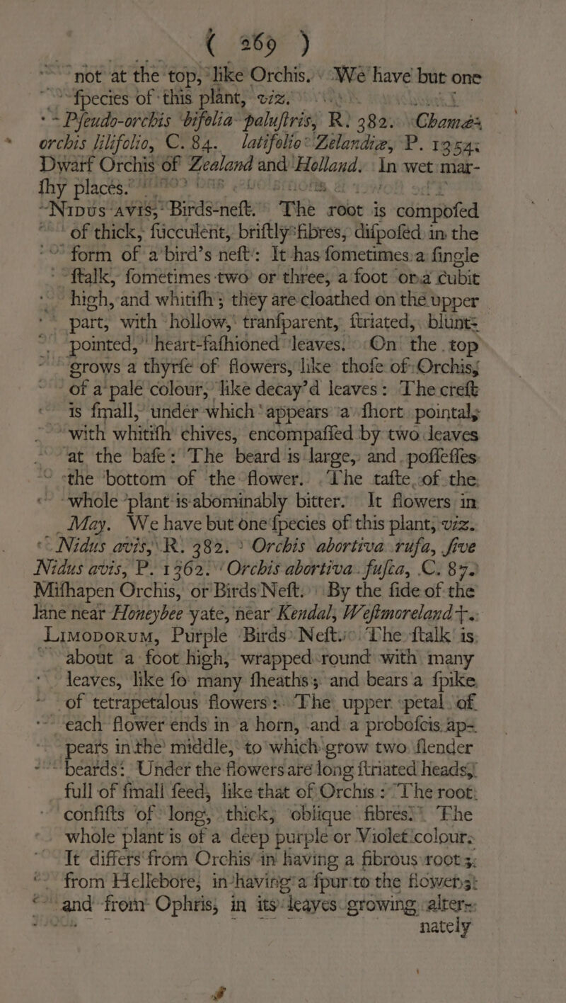 | c (963) not at the top,’ ‘Tike Orchis. » We have’ but one ~fpecies of ‘this plant, viz pth ppd oreBis ‘bifolia~ paluftris, R. 382 SF asa . pi Iilifolio, C.84. latifolia: Lelandie, P. 1354; Dwarf Orchis of Zealand and Ne oh In wet mar- fhy placés.? 9? | “Nivvs AVIS; ee nett. The root is cdmpbfed of thick, fiiceulétit, briftly*fibres, difpofed in the 3 form of a’bird’s neft’: It-has fometimes:a fingle ‘ “ftalk, fometimes two’ or three, a foot ‘ond Pubit high,-and whith; they are-cloathed on the upper _ ** part, with hollow,’ tranfparent, ftriated,. blunt: ~. pointed, ’' heart- fathioned leaves, On’ the. top grows a thyrfe of flowers, like thofe of: Orchisj of a ‘pale colour, like decay’d leaves: The creft ~ is fmall, undér which ‘appears 'a’fhort pointal; “with whitith’ chives, encompafied by two leaves at the bafe: The beard is large, and. pofleffes ““ «the ‘bottom of ‘the flower. .‘Vhe tafte..of the «~ whole ’plant-isabominably bitter! It flowers in May. We have but one ‘fpecies of this plant, vz. Nidus avis, R. 382. Orchis abortiva rufa, five Nidus avis, P. 1362.'' Orchis abortiva. fufta, C. 87. Mifhapen Orchis, or Birds'Neft. By the fide of the Jane near Honeybee yate, near’ Kendal, Wefimoreland Ts Limoporum, Purple Birds» Neftio. The ftalk' is, about a foot high, wrapped round with many ‘leaves, like fo: many fheaths'; and bears a {pike ~ of tetrapetalous flowers’: The upper. »petal. of each flower ends in a horn, and a probofcis ap- | Peal inthe middle, to 'which\grow two: flender “beards: Under the flowers aré long ftriated heads, full of finall feed, like that of Orchis /’The root: confifts ‘of long, thick) ‘oblique fibres)”. “Fhe whole plant is of a deep purple or Violet: colour, | Tt differs‘from Orchisin having a fibrous root; “- from Hellebore; in- ‘having: a fpurito the owen! “and frony Ophris, in its: leaves. growing, alter~: nately