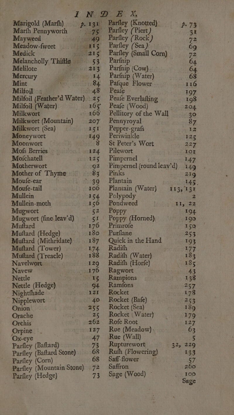 Marigold (Marfh) p. Marth Pennyworth Mayweed Meadow-fweet Medick Melancholly Thiftle | Melilote Mercury Mint Milfoil Milfoil (Water) Milkwort “i Milkwort (Mountain) Milkwort (Sea) Moneywort Moonwort Mofs Berries Motchatell Motherwort Mother of Thyme Moule-ear Moufe-tail Mullein Mullein-moth Mugwort Mugwort (fine leav'd) Muftard Muftard (Hedge) Mutftard (Mithridate) Muftard (‘Tower) Muftard (Treacle) Navelwort Navew © Nettle Nettle (Hedge) - Nightfhade “Nipplewort — Onion Orache Orchis ‘Orpine ‘Ox-eye | Parfley (Baftard) Parfley (Baftard Stone) Parfley (Corn) Parfley (Mountain Stone) Parfley (Hedge) 3 Sage (Wood) ~ Parfley (Knotted) ‘ | Parley (Piert ) ; rt Parfley (Rock) a2 Parfley (Sea) 69 Parfley (Small Corn) 72 Parfnip 64 Parfnip (Cow). 64 Parfnip (Water) 68 Pafque Flower 116 Peale 7 197 Peaie Everlafting 198 Peafe (Wood) 204 Pellitory of the Wall 30 Pennyroyal 37 Pepper-grafs 12 Periwinkle 125 St Peter’s Wort 227 Pilewort 101 Pimpernel 147 ‘Pimpernel (roundleav’d) 149 Pinks 219 Plantain 145° Plantain (Water) 113,131 Polypody 2 Pondweed 13522 Poppy 194 Poppy (Horned) 199 Primrofe 159 Purflane 253 Quick in the Hand 193 Radifh 177 Radifh (Water) 183 Radifh (Horfe) 185 Ragwort 43 Rampions 138 Ramfons 257 Rocket i78 Rocket (Bafe) 253 Rocket (Sea) 189 Rocket ( Water) 179 Rofe Root 127 Rue (Meadow): 63 Rue (Wall) 5 Rupturewort 32, 229 Ruth (Flowering) 133 Saff-flower 57 Saffron 260 100