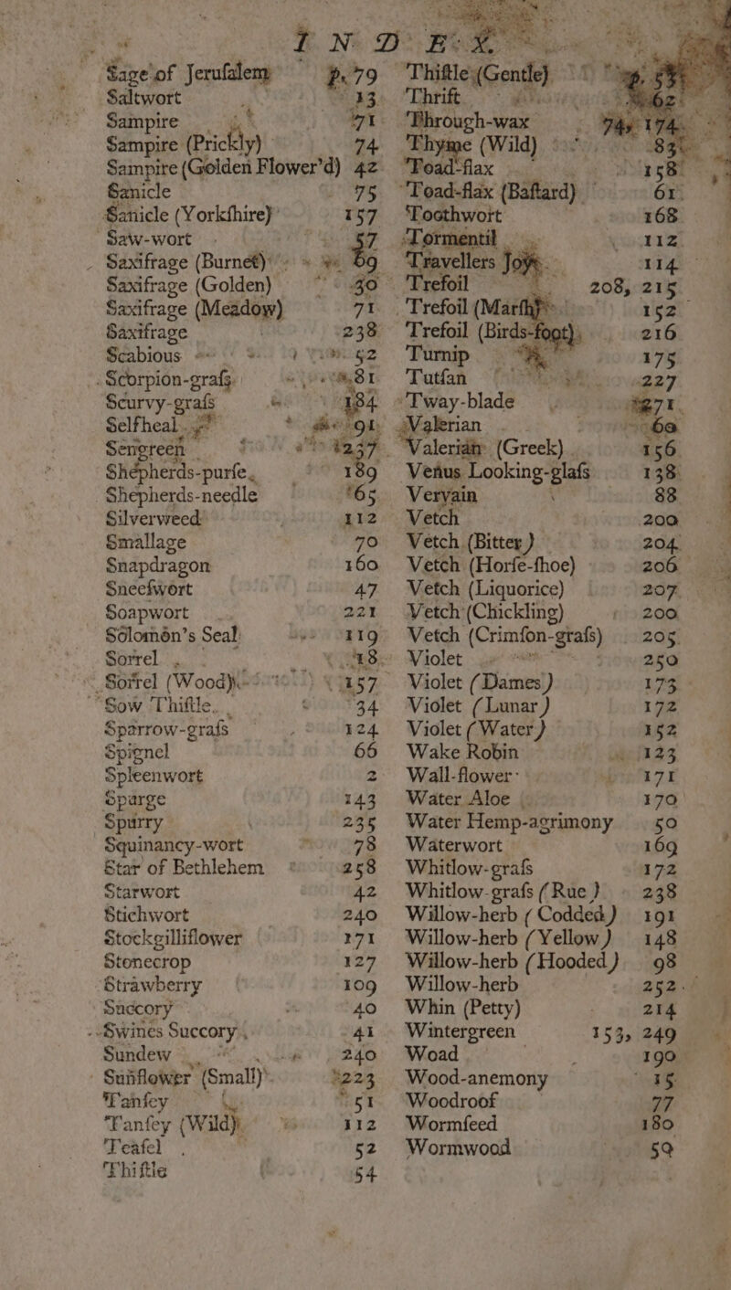 a ee Ene ‘of Jerufalem p79 . hile Gnd) Saltwort 8. Tare gaa Sampire * wt ‘Wirough-wax Sampire ( (Prickly) 74 ‘Thyme (Wild) Sampire (Golden F catia 4Zz “Foad-flax Sanicle 75 ~'Toad-flax (Bafard) Sanicle pyonehirel: 157 ‘Eoothwort “Saw-wort 57 Tormentit . _ Saxifrage (Burnet) 4 ‘Travellers Jom Saxifrage (Golden) * 30 *. Erefoil” * 3 208, 215 Saxifrage (Meadow) 71 . 'Trefoil (Marfhy 152 Saxifrage | 238 ‘Trefoil (Birds-fogt) 216 Scabious 28 $a no 52 Tumip. 175 . Scorpion-grafg., eremysn | Tatlan © oe owaee7 Scurvy- “grate. ee ae ‘Tway-blade | grt. Selfheal.. Lage © gerot, oVakenan . bs) 6a Sengreen ; ante 1237. Valeria: (Greek) . 156. Shepherds-purfe, &gt; 189 Venus Looking- -glafs 138: - Shepherds-needle 65 Veryain 83 Silverweed- 112 Vetch 200 Smallage 70 Vetch (Bitter) | 204. Snapdragon 160. Vetch (Horfe-fhoe) 206. Sneefwort 47 Vetch (Liquorice) 207. Soapwort | _, 221 Vetch (Chickling) 200, Solomén’s pete “ye 81g” Vetch (Crimfon- galt) 205. Elec d MgB 2 Wiolet ge! 250 Sorrel (Wood) » 0157. Violet (Dames ) 173 “Sow Thiftle. © °34 Violet (Lunar ) 172 Sparrow- -grafs gn 124 Violet (Water) 152 Spignel 66 Wake Robin 123 Spleenwort 2 Wall-flower: bt 71 Sparge 143 Water Aloe |. 170 Spurry 235 Water Hemp-agrimony 50 Squinancy- _wort. ‘ 73 Waterwort 169 Star of Bethlehem 258 Whitlow-grafs 172 Starwort 42 Whitlow-grafs(Rue} © 238 Stichwort | 240 Willow-herb (Codded) 191 Stockgilliflower 171 Willow-herb (Yellow) 148 Stenecrop 127 Willow-herb (Hooded) 98 Strawberry 109 ~Willow-herb 252.6 Succory -* 40 Whin (Petty) 214 .-Swines PUCCOLYA 41 Wintergreen 153, 249 Sundew ei .~ . 240 Woad 190 Suiflower ( Small)’ %223 Wood-anemony 45: Tanfey ‘ “51 Woodroof 77 FE ate) y (W id), 112 Wormfeed 180 Teafel 52 Wormwood ‘ASQ Thiftie 54