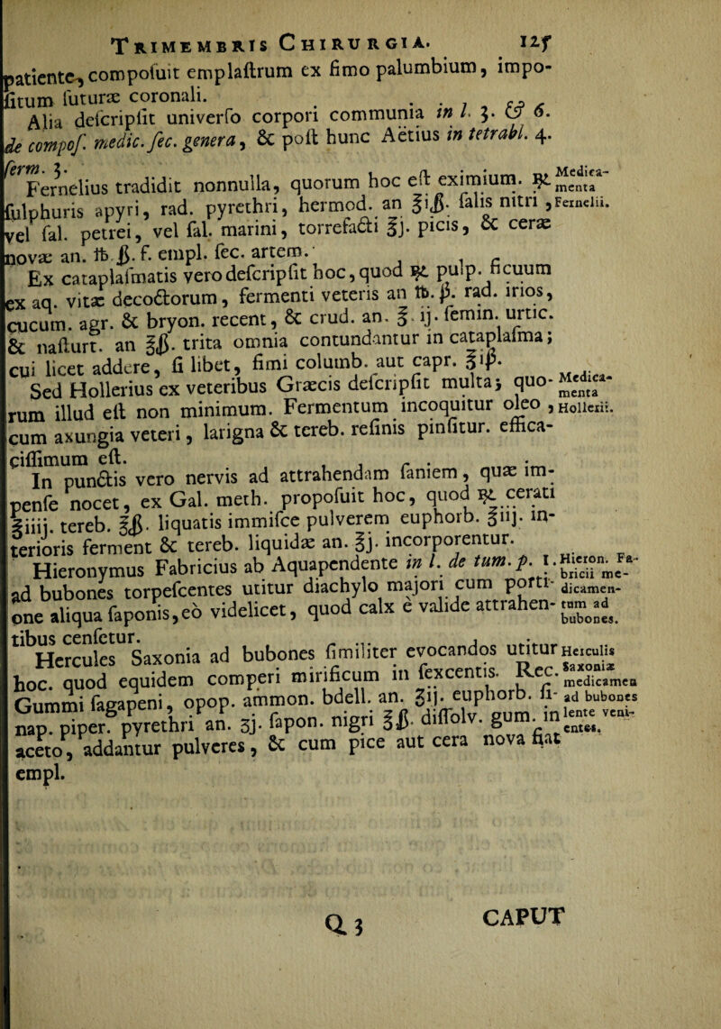 patiente, compotuit emplaftrum ex fimo palumbium, impo¬ stum futurae coronali. Alia defcriplit univerfo corpori communia tn l. Cy o. de compof. medie, fec. gener a, 6c poft hunc Aetius in tetrakl. 4. Fernelius tradidit nonnulla, quorum hoc eft eximium. fulohuris apyri, rad. pyrethri, hermod. anjij. falis mtn ,Fe.nd.i. vel fal. petrei, vel fal. marini, torrefacti §j. picis, & ceras tovae an. tt> S- f. empl. lec. artem. Ex cataplafmatis verodefcripfit hoc,quod yi puip. ficuum ex aq. vitse deco&orum, fermenti veteris an te. p. rad. mos, cucum, agr. & bryon. recent, & crud. an. g. ij. femin. urtic. & nafturt. an trita omnia contundamur in cataplalma; cui licet addere, fi libet, fimi colutnb. aut capr. gip. Sed Hollerius ex veteribus Graecis defcripfit multa} quo- rum illud ell non minimum. Fermentum incoquitur oleo ,HoUciii. cum axungia veteri, larigna 2t tereb. refims pinfitur. effica- ciffimum eft. , , , , . __ • In punfitis vero nervis ad attrahendam famem, quae im- penfe nocet, ex Gal. meth. propofuit hoc, quod ^ cerati Siiii tereb. E£- liquatis immifee pulverem euphorb. gii]- in¬ terioris ferment Sc tereb. liquidae an. gj. incorporentur. Hieronymus Fabricius ab Aquapendente m l. de tum.p. 1 ad bubones torpefeentes utitur diachylo majori cum porti one aliqua faponis,e6 videlicet, quod calx e val.de attrahen-^ U Hercule^Saxonia ad bubones fimiliter evocandos utiturHe.cuU» hoc. quod equidem comperi mirificum 111 fexcentis. Ree. medicamea Gummi faeapeni, opop. ammon. bdell. an. gi|. euphorb. fi- ad bubones Sp pT'«h-i » 5i- M-w asiroW. s-,.-- adto , addantur pulvere,, Ec eum pice aut cera novato empl. CAPUT