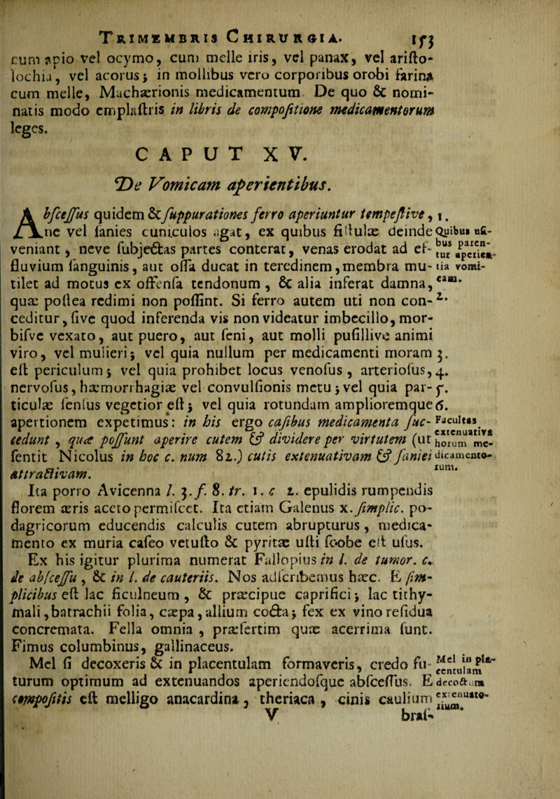 cum apio vel ocymo, cum meile iris, vel panax, vel arifto- lochia, vel acorus; in mollibus vero corporibus orobi farina cum meile, Muchxrionis medicamentum De quo & nomi¬ natis modo cmplrtftris in libris de compofitione medicamentorum leges. CAPUT XV. T>e Vomicam aperientibus. Abfcejfus quidem & fuppur at iones ferro aperiuntur tmpefHve, t. ne vel lanies cuniculos agat, ex quibus fidulx deindeQuibu» «£- veniant, neve fubje&as partes conterat, venas erodat ad ef~ ^uurs fluvium fanguinis, aut offa ducat in teredinem, membra mu* tia vomi» tilet ad motus ex ofFenfa tendonum , Sc alia inferat damna, casu“ quae pollea redimi non poflint. Si ferro autem uti non con-z* ceditur ,fivc quod inferenda vis non videatur imbecillo, mor- bifvc vexato, aut puero, aut feni, aut molli pufillive animi viro, vel mulieri; vel quia nullum per medicamenti moram ell periculum; vel quia prohibet locus venofus , arteriofus,4. nervofus, haemorrhagiae vel convulfionis metu;vel quia par-y. ticulae fenlus vegetior eft; vel quia rotundam amplioremquetf. apertionem expetimus: in his ergo cafibus medicamenta fuc~ Facuiti*^ cedunt , qua pojfunt aperire cutem & dividere per virtutem (ut horum^c- fentit Nicolus in hoc c. num Zzd) cutis extenuativam faniei^-^^^ attraftivam. > xunu Ita porro Avicenna /. 3./. 8. tr. 1. c z. epulidis rumpendis florem ieris aceto permifeet. Ita etiam Galenus x.ftmplic. po¬ dagricorum educendis calculis cutem abrupturus, medica¬ mento cx muria cafeo vetufto 8c pyr/tae ufti foobe elt ullis. Ex h is igitur plurima numerat Fallopius m/. de tumor, c,. de ab[ceffu , Sc in /. de cauteriis. Nos adicnbemus bxc. E (im- plicibus eft lac ficulneum, & prxeipue caprifici; lac tithy- mali,barrachii folia, expa, allium co&a; fex ex vinorefidua concremata. Fella omnia , prxfertim qux acerrima lunt. Fimus columbinus, gallinaceus. Mei fi decoxeris & in placentulam formaveris, credo fu Jcn[u”a1I£la“ turum optimum ad extenuandos aperiendofque abfcefTus. Edcco&.t® empofitis eft melligo anacardina 5 theriaca , cinis caulium V brai*