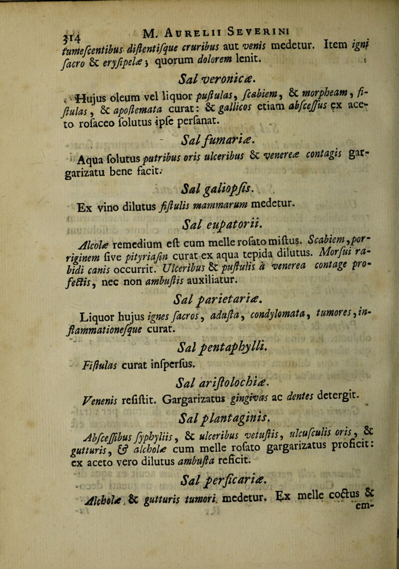 funteflentibus diflentifque cruribus aut venis medetur. Item igni facro 6c eryfipel* 3 quorum dolorem lenit. 1 Sal veronica. .' 'Huius oleum vel liquor pufiulas, fcabiem, & mrpheam, fi- flulas, & apojlemata curat: & etiam abfcejfus ex ace¬ to rofaceo folutus iple perlanat. Sal fumaria. \ Aqua folutus putribus oris ulceribus & venere* contagis gar¬ garizatu bene facit.- Sal galiofl/is. \ Ex vino dilutus fiftulis mammarum medetur. Sal eupatorii. ^0/4? remedium eft cum meile rofatomiftus. Scabiem ^por¬ riginem five pityriafin curat ex aqua tepida dilutus. Morjm ra¬ bidi canis occurrit. Ulceribus & puftulis a venerea contage pro- feffis, nec non ambuftis auxiliatur. Sal parietaria. Liquor hujus ignes facros, adufla, condylomata, tumores ^in¬ flammatione fque curat. *SW pentaphylli. Fiftulas curat infperfus. *5W ariftolochia. refiflit. Gargarizatus gingivas ac detergit. Sal plantaginis. Abficeffitbus fiyphyliis, & ulceribus vetuftis, ulcuficulis oris, & gutturis, alchol* cum meile rofato gargarizatus proficit. cx aceto vero dilutus ambufta reficit. ifo/ perficarice. Alchol*. & gutturis tumori, medetur. Ex meile c0(^u* V ii *