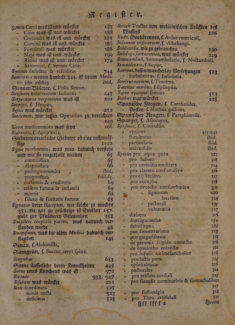 Cinæ was iſt und wuͤrcket 188 Coriandri was iſt und wuͤrckee 185 Cumini was iſt und würdee - 186 FPoenicuſi was wuͤrcket e865 —Napi was iſt und würdet ; 199 - Ricini was iſt und wuͤrcket 174 Santonici, ſ. Semen Cine. cis ſehr noͤthig ibid. Sennet⸗Blätter, ſ. Folia Senne. Senfuum externorum læſiones 445 Serpentaria virginiana was . 201 Serpigo, |. Herp pes. Sefeli was wuͤrcket 212 Seraceum, wie deſſen Oper ation 1 zu verrichten 149 Szcca medicamehta was ſeyn Side ratio, ſ. Apoplexia. ; Siebenmonatliche Geburt ob eine rechtmaͤſ⸗ fie 1102. Sgna morborum, was man dadurch verſtehe und wie ſie eingetheilt werden 65 anemniſtica | | 65 - diagnoftica EEE 6 — pathognomonica Bat METER did. - prognoftica ibid. ſq. cCodtionis &amp; cruditatis 69 criſeos future &amp; inſtantis 69 mortis 68 ſalutis &amp; ſanitatis futuræ 68 35 l. die gar zu prächtige iſt Eitelkeit 157. giebt zur Pfuſcherey Gelegenheit 358 Simplices corporis partes, was dadurch ver⸗ ſtanden werde 48 Sinapifmus, was die alten Medici dadurch ver- ſtanden 148 Sinau, ſ. Alchimilla, a Sinngrün, ſ. ae cervi fpine. ER Singulus 683 Sinne aͤuſſerliche deren Kranckheiten 445 Sinus eines Knochens was iſt 972 Sirones 933. 947 Sifavum was wurcket 211 Seis inordinata 8 * 525 - -nimis aua 523 deficiens 525 — x N Waſſers 126 Soda, Sood6renneh; f. Ardor ventriculi, Solanum veſicarium, ſ. Alkekengi. l Soldanella, wie zu gebrauchen 180 Solidagoſarracenica, was wuͤrcket 229 Somunolentia, ſ. Sopor. Somnus deſſen mancherley Verfsgungen 513 turbulentus, ſ. Infomnia. - Sonztus auriu m, ſ. Tinnitus. Synticus morbus, ſ. Epilepſia. 5 Spor ejusque ſpecies 513 Sorbus was wuͤrcket e Spaniſche Fliegen, f. Cantharides. — Pocken, ſ. Morbus gallicus. Spaniſcher Kragen, ſ. Paraphimoſis. Spargel, ſ. Aſparagus. Spa ſinus, f. Convulfio. EL | cynicus | 425.948 flatulentus 4 ibid. - particularis ibid. - univerfülis ibid. - Species pro aquæ potu 323 - pro balneo 328 - pro cereviſia medicata 324 pro clareto confortativo 326 pro clyſteribus 327 pro cucupha 328 - pro decoto antifcerbutice 327 jr - lignorum 200 * ; 0 5 { laxativæ et pe cctorali | 195 =... vulnerario 327 - diaireos | 26 diatragacanthæ BES 194 - febrifuge. 5 3 327 pro fomentatione Ä 329 pro gargarifmate 328 de gemmis frigide correctæ 376 de hyacintho corre a 321 pro infuſo antimelancholico 326 pro lactis potu . 327 ophthalmicæ 326 peccorales be pro ptifäna cordiali 32 - 50 ſacculis carminativis &amp; ftomachalibus 327 * pro ſuffumigio 328 pro Thea artificiali 321 Species öff ffff