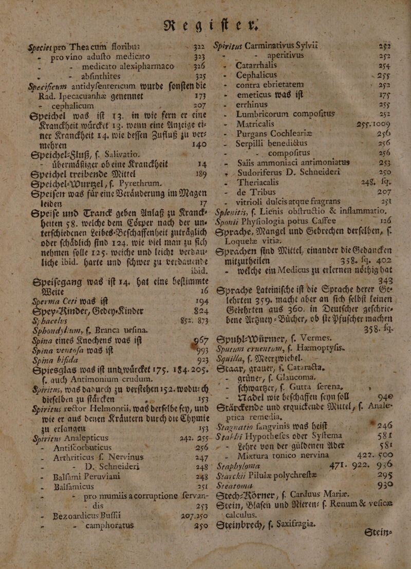 Species pro Then cum orbit — 322 pro vino adufto medicato 323 8 me dicato alexipharmaco 326 ö Q abſinthites 327 2 Specifienm antidyfentericum wurde fonften die | Rad. Ipecacuanhæ genennet 1 cephalicum ö 207 in wie fern er eine Kranckheit wuͤrcket 13. wenn eine Anzeige ei⸗ mehren Speichel⸗Fluß, ſ. Salivatio. e uͤbermaͤſſiger ob eine e 14 Speichel treibende Mittel 189 Speichel⸗Wurtzel, f. Pyrethrum. Speiſen was fuͤr eine Veraͤnderung im Magen leiden 17 Speiſe und Tranck geben Anlaß zu Kranck⸗ heiten 58. welche dem Coͤrper nach der un⸗ terſchiedenen Leibes Beſchaffenheit zutraͤglich oder ſchaͤdlich find 124. wie viel man zu ſich nehmen ſolle 125. weiche und leicht verdau⸗ liche ibid. harte und ſchwer e ee 101 Weite F Sperma Ceti was iſt r 294 pey⸗Kinder, Gedey⸗Kinde 824 F hace las | 5 2 373 Sina eines Knochens was iſt 5 ſ. auch Antimonium crudum. wie er aus denen Kraͤutern durch die Chymie zu erlangen i 153 Spiritus Analepticus Antiſcorbuticus e 256 Arthriticus . Nervinuss 4347 „ DeSehgeider ! 248 Balſami Peruviani Br.‘ U: = Bas ka 251 in; ae wamiis agorruptione ſervan- 0 5 AR dis RN 253 u) Wie ae Buſſii N 207.250 . camphoratus 250 — Spiritus Carminstiyus SpIVinn 21 8 — aperitivus N 252 Catarrhalis J 264 - Gephalieus NER Sarg. contra ebrietatem 252 emeticus was iſet 9 177 etrrhinus | 255 8 Lumbricorum compofitus Es ei Matricalis ex. 1009 Purgans Cochlearie ° - 256 u Serpilli benedictus 66 eompoſitus 256 „ Sajis ammoniaci antimoniatus 2283 „Sudoriferus D. Schneideri 250 - Theriacalis 3 248. l. de Tribus 5 207 vitrioli dulcis atque fragrans 251 Splenitis, f. Lienis obſtructio &amp; inflammatio. Sponäi e potus Caffe 11326 Sprache, Mangel und Gebrechen derſelben, f Loqueke vitia. 4 Sprachen find Mittel, einander die 2 mitzutheilen „ 358. W. 402 - welche ein Medicus zu erlernen 1 25 Sprache Lateiniſche iſt die Sprache derer Ge lehrten 259. macht aber an ſich ſelbſt keinen Gelehrten aus 360. in Deutſcher geſchrie⸗ bene Artzney⸗ Bucher, 0 ſie Pfuſcher machen 358. 0. Spuhl⸗ Würmer, f, e Spurum cruentum, ſ. blen 3 Sguilla, ſ. Meer zwiebel. 5 . Staar, grauer, ſ. Catsracta. 1 gruͤner, ſ. Glaucoma. N —ſchwartzer, ſ. Gutta ferena,. | Nadel wie beſchaffen ſeyn fol 940 Stärckende und erquickende Mittel, ſ. Anale: ptica remedia. Stagnario ſangvinis was heiſt 2246 > = ‚Lehre von der güldenen Adern 581 - Mixtura tonico nervina 422. F500 Sraphyloma 471. 922. 936 Starckii Pilulæ polychreite 69 2965 Srearomis 30 Stech⸗Körner, f Carduus Marie. | Stein, Blaſen und Nieren: . Renum &amp; weten culculus. 0 Steinbrech, f. Saxilragia. Fe! > N f Stein⸗