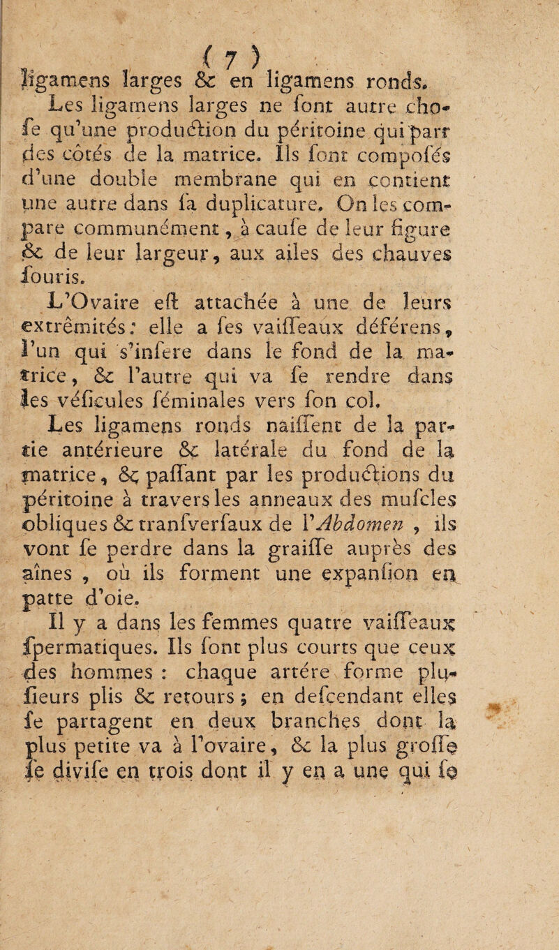 îigamens larges & en ligamens ronds. Les ligamens larges ne font autre cho* fe qu’une production du péritoine quiparr des côtés de la matrice. Ils font compofés d’une double membrane qui en contient une autre dans fa duplicature. On les com¬ pare communément, à caufe de leur figure & de leur largeur, aux ailes des chauves fouris. L’Ovaire eft attachée à une de leurs extrémités: elle a (es va idéaux déférens, ï’un qui s’infere dans le fond de la ma* trice, &c l’autre qui va fe rendre dans les véhicules féminales vers fon coh Les ligamens ronds naifTent de la par* de antérieure & latérale du fond de la matrice, Ôc padant par les productions du péritoine à travers les anneaux des mufcles obliques & tranfverfaux de i'Abdomen , ils vont fè perdre dans la graide auprès des aînés , où ils forment une expanfioii en. patte d’oie. . « y a dans les femmes quatre vaiffeaux fpermatiques. Ils font plus courts que ceux des hommes : chaque artère forme plu* fieurs plis & retours ; en defcendant elles fe partagent en deux branches dont la- plus petite va à l’ovaire, &c la plus greffe fe divife en trois dont il y en a une qui fe