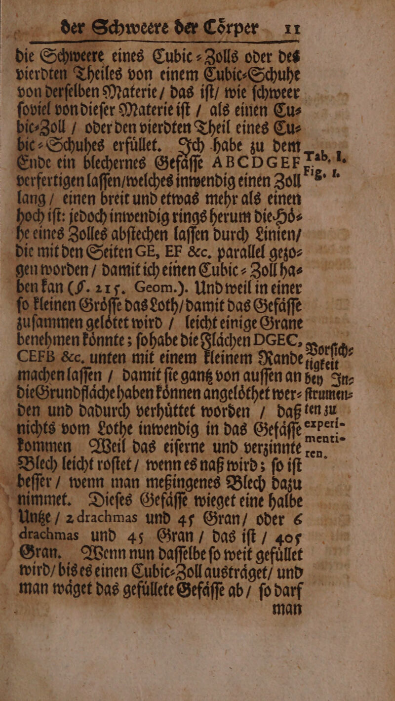 1 he | Lubie ; Schuhe wiel von dieſer Materie iſt / als einen Eu: ic Sal oder den vierdten Theil eines Ear hie⸗Schuhes erfuͤlet. Ich habe zu d em. b. Ende ein blechernes Gefäfle ABCD CEE Rn | | laſſen / welches inwendig einen Zoll 8 ang / einen breit und etwas mehr als einen och iſt: jedoch inwendig rings herum die. Hoͤ⸗ he eines Zolles abſtechen laſſen durch Linien / die mit den Seiten GE, EF &c. parallel gezo⸗ 0 en worden) damit ich einen Cubic⸗ Zoll ha⸗ ben 11915 215. Geom. ). Und weil in einer o kleinen Groͤſſe das Loth / damit das Gefaͤſſe 5 ſammen geloͤtet wird / 70 einige Grane ar 72 — 5 em ächen DGEC, 7, orſch⸗ 9 feinem andern igfeit von auffen an ben tz 2 * 5 / e e und 45 Gran oder 6 dt — 5 und 45 Gran / das iſt / 405 Gran. Wenn nun daſſelbe ſo weit gefuͤllet ; dm einen Cubic⸗Zoll austraͤget / und wan waͤget das gefüllete Gefaſſe ab ⸗ ſo darf