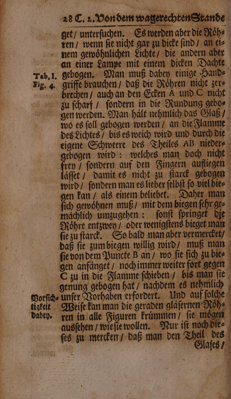 an einer Lampe mit eine en Dachte Tab. I. gebogen. Man muß | Hands er⸗ 1 brechen / auch an den Ecken A icht N Zu ſcharf / ſondern in die Ri | gen werden. Man: halt nehm wo es ſoll gebogen werden / an di des Lichtes / bis es weich wird und eigene Schweere des Theiles A gebogen wird: welches man frey / ſondern auf den Fingern läͤſſet / damit es nicht zu ſta wird / ſondern man es lieber ſelb gen kan / als einem beliebe ſich gewoͤhnen muß / mit mächlich umzugehen: ſonſt ſpringe Roͤhre entzwen / oder wenigſtens bie N ſie zu ſtarck. So bald man aber vert daß fie zum biegen willig wird mu ſie von dem Puncte B an / wo ſie fic gen anfaͤnget / noch immer weite € zu in die Flamme ſchieben genung gebogen hat / nachden Paorſich⸗unſer Vorhaben erfordert. Un 5 igkeit Weiſe kan man die geraden glaͤſer dabey. ken in alle Figuren kruͤmmen / fi ausſehen / wie ſie wollen. Nur iſt u