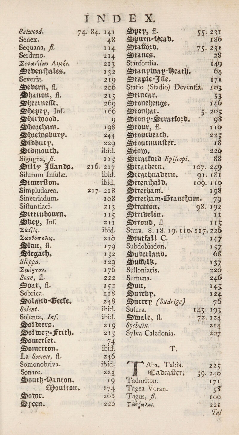 Selzoood. 74 . 84. 141 Senex. 48 Sequana, 114 Serduno. 214 SffTfl6v?/<ys» Af/wijjv, 213 ^eUettftjaiesc 132 Severn. 219 jgtefcem,, fl. 206 Ration., fl. 215 ^eernefle* 269 Ja^epef., Inf. 166 9 198 ^>6?etD0buv^* 244 229 j&tbmoutfK ibid. Sigugna, fl. , Il5 jstflU^ JflanbiS* 216. 217 Silurum Infulse. ibid. ^§>tmetffcotu ibid. Simpludarea. 217. 218 Sinetriadum. 108 Sifluntiaci. 213 i&tttinbotmw X15 Inf. 211 Sk<7(5. ibid. Sfcy0<55ToAf£„ 216 JaJiati, fl. 179 ^icgatfj* 152 Sleppa. 129 176 fl. 222 J^oar, fl. 152 Sobrica. 218 ^olaub-<Ii?eefe* 248 Solent. ibid. Solenta, Inf. ibid. jaJoimers* 2 19 21 C ^omerfet* 74 jaxmxcrtotu ibid. La Somme, fl. Z46 Somonobriva. ibid. Sonare. 223 j^outf)=^anton. 19 Boulton* 174 208 j^)pc en» ZZQ fl. 55. 231 186 75. 23 s ^tancs. 28 Stanford ia.. 149 j§tan£toai?-l&eat|?* 64 ^Dtaple^JIfle* 171 Statio (Stadio) Deventia. 103 jSDtincat, 5$ jgjtonetmxge* 146 ^tonljat. 5. 205 SDrcntH&tratfojt), 98 jljjtout,, fl. no J^toumacl). 225 jiDtourtnitiftcr. 1 8 ^)toU)t 220 j^tratfo^D Epifcopi. 88 jj§)tratl)erw. 107. 249 i&trattuxafcettL 91. 181 j^treixfljaitb 109. no JPttetijam. 198 jg>tret6am*(S?ratttfcatt!. 79 j^trettotn 98. 192 £»tritoeliiu 11 M&tvOUtf, fl. 115 Stura. 8. 18. 19.110.117. 226 J^tutfall C. 147 Subdobiadon. 157 jS&u&erianfc. 68 137 Sulloniacis. 220 Sumena. 246 JaHiiu 145 j§HiT eb£, 124 ghmKZt (Sudrige) 76 Sufura. 143. 193 j^&jale, fl. 72. 124 Sycbdin. 214 Sylva Caledonia. 207 T. TAba, Tabia. 223 CaScaCfcer. 59.240 Tadoriton. 171 Tagea Voran. 58 Tagus, fl. 100 jdgoiX&i. “ 2 21 Id ' vs>