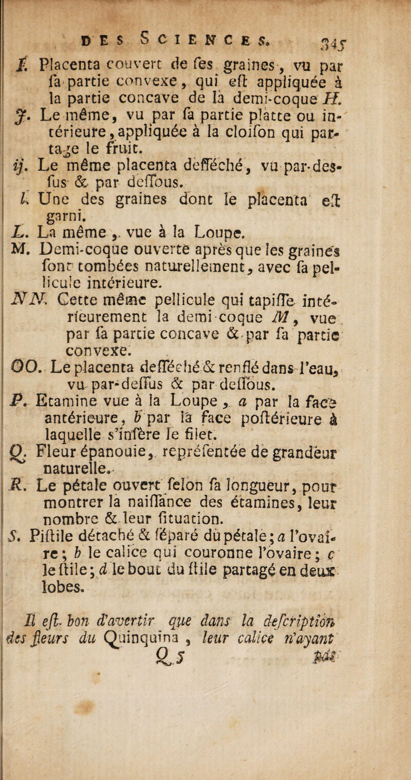 £ Placenta couvert de fes graines , vu par la partie convexe, qui eft appliquée à la partie concave de là demi-coque H. J. Le même, vu par fa partie platte ou in¬ térieure, appliquée à la cloifon qui par¬ tage le fruit. ij. Le même placenta defféché , vu-par* des- fus & par delîous. L Une des graines dont îe placenta eü garni. L. La même vue à la Loupe. M. Demi-coque ouverte après que îes graines font tombées naturellement, avec fa pel¬ licule intérieure. NN, Cette même pellicule qui tapifTe inté¬ rieurement la demi coque M 9 vue par fa partie concave & par fa partie convexe. 00. Le placenta de{Téché & renflé dans Peau, vu par-défais & par delîous. P. Etamine vue à la Loupe, a par la face antérieure, bpar la face poflérieure à laquelle s’infère îe filet. Qj Fleur épanouie, repréfentée de grandeur naturelle. JR. Le pétale ouvert félon fa longueur, pour montrer la naiflance des étamines, leur nombre & leur fituation. 5. Piftile détaché & fëparë du pétale ; a Povaî- re ; b le calice qui couronne Tovaire; c le ftile ; d le bout du fille partagé en deux lobes. Il ejl* bon d'avertir que dans la defcnptîon des fieurs du Quinquina , leur calice n'ayant 0,5 si<is-
