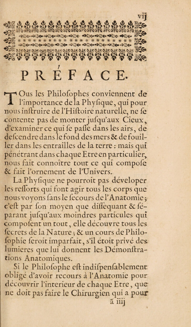 «Sg A A A V1J A ô A’S) ^>01in*) i?Y«} ST2 StîJ (sfci Coïîî Sic) (sm) SîîI £sftl i>fà >3ft} (Stâ) S fD bj •Jgffi- ********** * * * * ***** *** çj<r,(v|giqoc;(ji^j£jl<«;mG^g; M£ M®}£j£iÎLfS &|2' fïtô Ctl®-' ^EjjGk *?gf tffff' 1 ■f»îfe PREFACE. TOus les Philofophes conviennent de l’importance delà Phyfiqué, qui pour nous inftruire de i’Hiftoire naturelle, ne fe •contente pas de monterjufqu aux Cieux., d’examiner ce qui fe pâlie dans les airs, de defcendre dans le fond des mers Se de fouil¬ ler dans les entrailles de la terre : mais qui pénétrant dans chaque Etre en particulier, nous fait connoître tout ce qui compofe & fait l’ornement de l’Univers. La Phyfîque ne pourroit pas déveloper les refforts qui font agir tous les corps que nous voyons fans le fecours de l'Anatomie 5 c’eft par fon moyen que dilïèquant & fé- parant jufqu’aux moindres particules qui compolent un tout, elle découvre tous les fecrets de la Nature $ 6c un cours de Philo- fophie feroit imparfait, s’il étoit privé des lumières que lui donnent les Démonftra- tions Anatomiques. Si le Philofophe eft indifpenfablement obligé d’avoir recours à l’Anatomie pour découvrir l’interieur de chaque Etre, que ne doit pas faire le Chirurgien qui a pour a mj