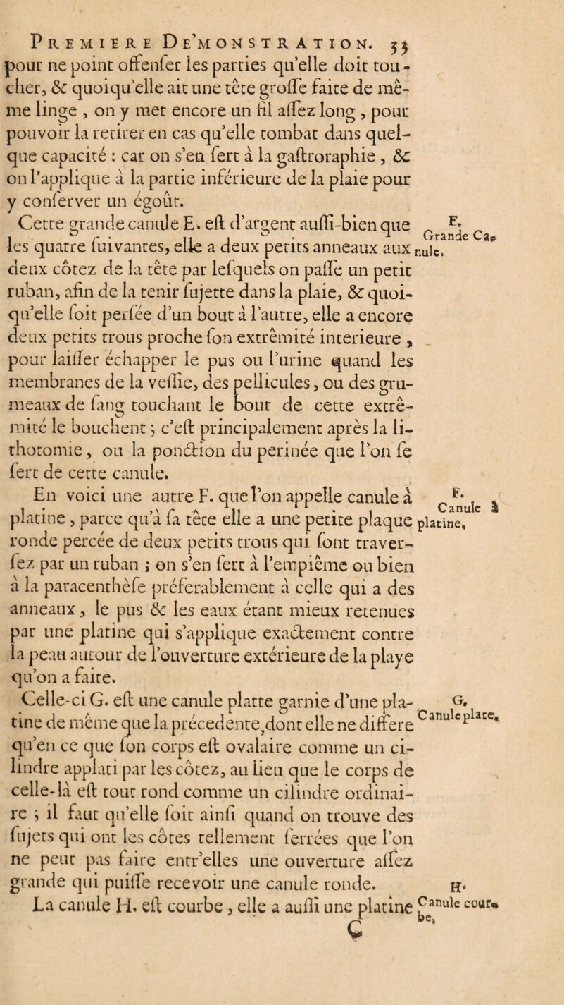 pour ne point offenfer les parties quelle doit tou¬ cher, & quoiqu’elle ait une tête grolfe faite de me¬ me linge , on y met encore un fil alfez long , pour pouvoir la retirer en cas qu’elle tombât dans quel¬ que capacité : car on s’en fert à la gaftroraphie , &C on l’applique à la partie inférieure de la plaie pour y couler ver un égout. Cette grande canule E. eft d’argent aufti-bien que ^ F*. 1 0 /' • n 1 D ^ Grande Ca* les quatre luivantes, elle a deux petits anneaux aux nulc. deux cotez de la tête par lefqueEs on palte un petit ruban, afin de la tenir lujette dans la plaie, &: quoi¬ qu’elle loit perlée d’un bout a l’autre, elle a encore deux petits trous proche fon extrémité intérieure , pour lailTer échapper le pus ou l’urine quand les membranes de la vefiie, des pellicules, ou des gru¬ meaux de fang touchant le bout de cette extré¬ mité le bouchent *, c’eft principalement après la li¬ thotomie , ou la ponction du perinée que l’on fe fert de cette canule. En voici une autre F. que l’on appelle canule à F* , 4 1 • ,\ r A il • 1 Canule 3 platine , parce qu a la tece elle a une petite plaque platine, ronde percée de deux petits trous qui font traver- lez par un ruban j on s’en fert a l’empième ou bien à la paracenthèfe préférablement a celle qui a des anneaux, le pus ik les eaux étant mieux retenues par une platine qui s’applique exactement contre la peau autour de l’ouverture extérieure de la playe qu’on a faite. Celle-ci G. eft une canule platte garnie d’une pla- tine de meme que la précédente/iont elle ne différé CanulcPlacc* qu’en ce que Ion corps eft ovalaire comme un ci- lindre applati par les cotez, au iieu que le corps de celle-là eft tout rond comme un cilindre ordinai¬ re ; il faut quelle loir ainfi quand on trouve des lu jets qui ont les cotes tellement ferrées que l’on ne peur pas faire entr’elles une ouverture alfez grande qui puilfe recevoir une canule ronde. H* La canule H. eft courbe, elle a aufii une platine £canulc co«r*