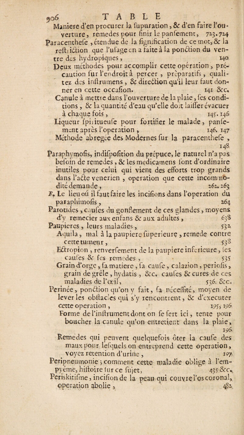 6 X A B L B Maniéré d’en procurer la fupuration, 3c d’en faire Fou- vexture, remedespour finir le panfemcnt, 72-3*72-4 Paracenthefe , étendue de la lignification de ce mot, & la refti îélion que l’ufage en a faite à la ponction du ven¬ tre des hydropiques, 140 Deux méthodes pour accomplir cette opération, pré¬ caution fur l’endroit à percer , préparatifs, quali- tez des inftrumens , 8c direction qu’il leur faut don¬ ner en cette occafion. 141 &c. Canule à mettre dans l’ouverture de la plaie, fes condi¬ tions ,. 3c la quantité d’eau qu’elle doit laifier évacuer à chaque fois, 145'. 146 liqueur fpiiitueufe pour fortifier le malade, panfe- ment après l’operation , 146. 147 Méthode abrégée des Modernes fur la paracenthefe , 148 Paraphymofis, indifpofition du prépuce, le naturel n’a pas befoin de remedes, 3c les medicamens font d’ordinaire inutiles pour celui qui vient des efforts trop grands dans Faéle venerien , operation que cette incommo¬ dité demande, 262.2.63 J® le lieu ou ilfautfaire les incifions dans l’operation du paraphimofis, 264 Parotides , caufes du gonflement de ces glandes, moyens d’y remecier aux enfans 3c aux adultes , 638 Paupières , leurs maladies, 532 AquÜa, mal à la paupière fuperieure > remede contre cette tumeur, 538 Eéfropion , renverfement de la paupière inferieure, les, caufes & fes remedes , >3? Grain d’orge, fa matière , fa caufe, calazion , periofis, grain de grêle , hydatis , &c. caufes 8c cures de ces maladies de l’œil, 536. 8cc. Perinée, ponction qu’on y fait, fa nécefïité, moyen de lever les obflac'es qui s’y rencontrent, 8c d’exécuter cette operation, r 19196 Forme dei’inffrumentdonton fefert ici, tente pour boucher la canule qu’on entretient dans la plaie, 196 Eemedes qui peuvent quelquefois ôter la caufe des maux pour lefquelson entreprend cette operation, voyez rétention d’urine , 197 Péripneumonie 3 comment cette maladie oblige à Fem- pyême, hiifoire lur ce fujet, 435 8cc% Periskitifîne, incifionde la peau qui couvre l’os coronal, operation abolie 3 * 482.