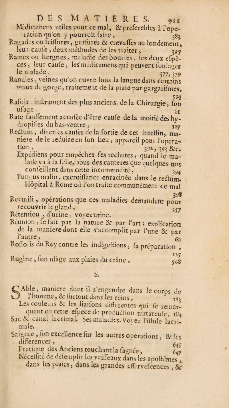 Médicamens utiles pour ce mal, & préferebles à l’ope¬ ration qu’on y pourroit faire , jgj Ragades oulciffures, gerfurés & crevaffes au fondement» leur cauie , deux méthodes de les traiter, 597 Ramex ou hergnes, maladie des boudes, les deux efpè- ces, leur câufe, lesmédicamensqui peuventloulager le malade . 377? 37? Ranules, veines qu’on cuvre fous la langue dans certains maux de gor-e, traitement de la plaie par gargarifmes, Rafoir , infirmaient des plus anciens, de la Chirurgie, fon ufage , 2I Rate fauffement accufée d’être calife delà moitié deshy- dropilies du bas-ventre , ÎZj Redtum, diverfes caufes delà fortie de cet inteflin, ma- nieie de le réduire en ion lieu, appareil pour l’opéra- tlonp. 392., 3S>3 &c. Expédiens pour empêcher fes rechutes, quand le ma¬ lade va à la Celle, abus des cautères que quelques-uns confeillent dans cette incommodité, ^ Funousmalin, excroiffance enracinée dans le re&um. Hôpital à Rome ou l’on traite communément ce mal » 39S Recuiili, opérations que ces maladies demandent pour recouvrir le gland, T> f ' j) • • Rétention , a urine > voyez urine. Réunion , fe fait par la nature & par l’art; explication de la maniéré dont elle s’accomplit par l’une & par l’autre, ' 1 ^ Roiïolis du Roy contre les indigeftions, fa préparation n j Rugi ne, fon ufage aux plaies du crâne , S. QAble, maniéré dont il s’engendre dans le corps de l’homme, & lurtout dans les reins, Les couleurs & les üaifons differentes qui fe remar¬ quent en cette efpece de produélion tartareufe, 184 Sac & canal lacrimal. Ses maladies. Voyez Filfule lacn- male. Saignée , fon excellence fur les autres operations, &Tes différences, ✓ Pratique des Anciens touchant la fagnée, 6& Kéçeflité de défemplir les vaifleaux dans les apoftêmes dans les plaies, dans les grandes effcrvefcences , 3c