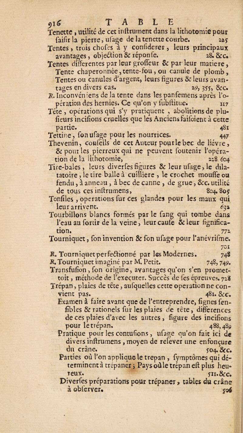 9i£ table Tenette, utilité de cet inftrument dans la lithotomie pour faifir la pierre, ufaoe de la tenette courbe. Tentes > trois chofes à y confiderer , leurs principaux avantages, objection & réponfe. 28. &c. Tentes differentes par leur grofleur 6c par leur matière * Tente chaperonnée, tente-fou, ou canule de plomb. Tentes ou canules d'argent, leurs figures & leurs avan¬ tages en divers cas. 29, 375, &c. % Inconvéniens de la tente dans les panfemens après l’o¬ pération des hernies. Ce qu’on y fubffitue. 117 Tète, opérations qui s’y pratiquent , abolitions de plu* lîeurs incifions cruelles que les Anciens faifoient à cette partie. 481 Tettine, fonufage pour les nourrices. 447 Thevenin, confeils de cet Auteur pourle bec de lièvre, & pour les pierreux qui ne peuvent foutenir l’opéra¬ tion de la lithotomie, 218604 Tire-baies, leurs diverfes figures & leur ufage, le dila- tatoire, le tire balle à cuilliere , le crochet moufle ou fendu, à anneau, à bec de canne , de grue, &c. utilité de tous ces inftrumens, 804,80s Tonfiles , operations fur ces glandes pour les maux qui leur arrivent. 631 Tourbillons blancs formés par le fang qui tombe dans l’eau au fortir de la veine, leur caufe & leur lignifica¬ tion. 772. Tourniquet, fon invention & fon ufage pour ranévrifme, *' 701 R. Tourniquet perfectionné par les Modernes. 748 R, Tourniquet imaginé par M, Petit. 748,749. Transfufïon, fon origine, avantages qu’on s’en promet- toit, méthode de l’executer. Succès de fes épreuves. 72S Trépan, plaies de tête, aufquelles cette operation ne con¬ vient pas. 481. &c. Examen à faire avant que de l’entreprendre, Agnes fen- fibles & rationels fur les plaies de tête, différences de ces plaies d’avec les autres, figure des incifions pour le trépan. 488,489 Pratique pour les contufions , ufage qu’on fait ici de divers inftrumens, moyen de relever une enfbncure du crâne. y04.&c. Parties où l’on applique le trépan , fymptômes qui dé¬ terminent à trépaner ; Pays où le trépan eft plus heu- îeux. yn.&c. Diverfes préparations pour trépaner 9 tables du crâne à obferver. * foé