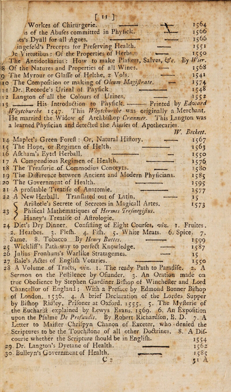 Workes of Chirurgerie. is of the Abufes committed in Phyfick. »es’s Dyall for all Agues. >564 I566 I66 J551 155° ingefeld’s Precepts for Preferving Health. --- )e Virtutibus • Of the Properties of Herbs. .. / The Antidotharius: How to make Plafters, Salves, CV. By Wier. 8 Of the Natures and Properties of all Wines. -- 1568 9 The Myrour orGlafTe of Helthe, 2 Vols. --- 1541 10 The Compaction or making of Oleum Magiftrate, t— 1574 11 Dr. Recorded Urinal of Phyfick. -———— j 2 Langton of all the Colours of Urines. - 1552 13 . -His Introduction to Phyfick.--Printed by Edward IVbytchurche 1547. This fVhytchurcbc was originally a Merchant. He married the Widow of Archbifhop Cranmer. This Langton was a learned Phyfician anddetedfed the Abufes of Apothecaries. TV. Beckett. 14 Maplet’s Green Foreft : Or, Natural Hiftory. —— 1567 13 The Hope, or Regimen of Helth, . 1563 16 Afkham’s Eytel Herball. -- — 1550 17 A Compendious Regimen of Health. -- 1576, 18 The Treafurie of Commodius Conceyts. _—. 1580 19 The Difference between Ancient and Modern Phyiicians. 1585 20 The Government of Health. --- 2595 21 A profitable Treatife of Anatomie. --- 1577 22 A New Herball. Tran Hated out of Latin. -• 13 C Ariftotle’s Secrete of Secretes in Magical I Artes. 1573 23 < Phifical Mathematiques of Hermes 'Trefinegijlus. / Haney’s Treatife of Aftrologie. 24 Diet’s Dry Dinner. Confiding of Eight Courfes, •viz. 1. Fruites. 2. Hearbes. 3. Flefh. 4. Fifh. 5. White Meats. 6. Spice. 7. •Same. 8. Tobacco By Henry Buttes. —--1599 25 WicklifF’s Path-way to perfedi Knowledge. -- • 1587 26 Julius Fronhuns’s Warlike Stratagemes. -—• 15 27 Bale’s Adtes of Englifh Votaries. — -- 1550 28 A Volume of Tradts, to, i. The ready Path to Paradife. 2. A Sermon on the Peftilence by Oflander. 3. An Oration made on true Obedience by Stephen Gardiner Bifliop of Wincheher and Lord Chancellor of England; With a Preface by Edmond Bonner Bifhop pf London. 1336. 4. A brief Declaration of the Lordes Supper by Bilhop Ridley, Prifoner at Oxford. 1555. 5. The Myherie of the Euchariil explained by Lewys Evans. 1569. 6. An Expofition upon the Pfalme De Brofundis. By P.obert Richardfon, B. D. 7. A Letter to Mailler Chrifpyn Chanon of Exceter, who denied the Scriptures to be the Touchilone of all other Dodlrines. 8. A Dif- courfe whether the Scripture Could be in Englifn. 2534 29 Dr. Langton’s Dyetane of Health. ..——■ 1562 30 Bulleyn’s Government of Health. 1385