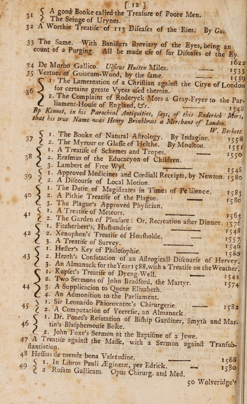®00^e called the Treafure of Poore Men. C The Seingeof Urynes. 32 A Worthie Treatife of 113 Difeafes of the Eies. By Gut.. 33 The Same. With Bankers Breviary of the Eyes, being an count of a Purging. All he made ufe of for Difeafes of the Ey 34 De Morbo Gallico. Uljlcus Huiten Miles. _' 35 Vertues of Guiacum-Wood, by the fame. ___ / 1. The Lamentation of a Chrillian again!! the Citye of London 36 *or ccrtame greate Vyces ufed therein. 2. The Complaint of Roderyck Mors a Gray-Fryerto the Par- liament-Houfe of England, fcfe. . 1r A * - • j • .. y . 15 4° 37 38 39 40 41 fL/k-*”?’ ’nJh Farochml Antiquities, fays, of this Roderieh Mot, that his true Name -was Henry Brinklows a Merchant of London. $ ’' f I'6 ™ °ke °f Natura! Aftrology. By Indagine.^' c 8 i 2. The Myrouror GlafTeof Helthe. ByMoultou. , 1. A Treatife of Schemes and Tropes. _„ j - 3 2. Erafmus of the Educacyon of Children 3 3 3- Lambert of Free Wyl. g 1 Approved Medicines and Cordiall Receipts, by Newton. ,rg0 2. A Difcourfe of Local Motion. a *' f,I® VUUC of Afagiflrates in Times of Pe iilence. , rg-, 2. A Pithie Treatife of the Plague. _ ’ gc 3- The Plague’s Approved Phyfician. 3 ** A Treatife of Meteors. . . — 1563 42 43 44 *■ P'e Garden Pleafure ; Or, Recreation after Dinner. lc7f 1. Fitzherbert’s, Huibandrie ___ ‘ff. 2. Xenophon’s Treatife of Houiholde. _. ..-J, 3* A Treatife of Survey. ._ 3? 1. Heller’s Key of Philofophie. _. 2. Heath’s Confutation of an Altrogicall Difcourfe of Hervey 3' Kuofe^Trea^ ^ ^^ather.' 1541 *574 45 1. Kuplet’s Treatife of Dyeng-Well 2. Two Sermons of John Bradford, the Martyr. 3- A bupplicacion to Quene Elizabeth. 4- An Admonition to the Parliament. 1. Sir Leonardo Phiorovante’s Chirurgerie. 2. A Computacion of Yeerefie, an Almanack. T lit- • r. ^.. . ICS2 46 t TA u > ™ ’ 1111 anacic. ■tinfEl^hemoufeBlTe0' ^ Gardiner’ Smyth ™d Ma* ., r I' Fo?e’s Sermon at the Baptifme of a Tewe. tkml™ a2alnil the Maffe- with a Sermon again* Tranfub- 48 Heffius de tuenda bona Valetudine. _ , ,Jj 1. In L.bros Pauli^Egmetffi, perEdrick. _ Jgo 2 Rofam Galhcam. Opus Chirurg. and Med. 49 50 WolveridgeV