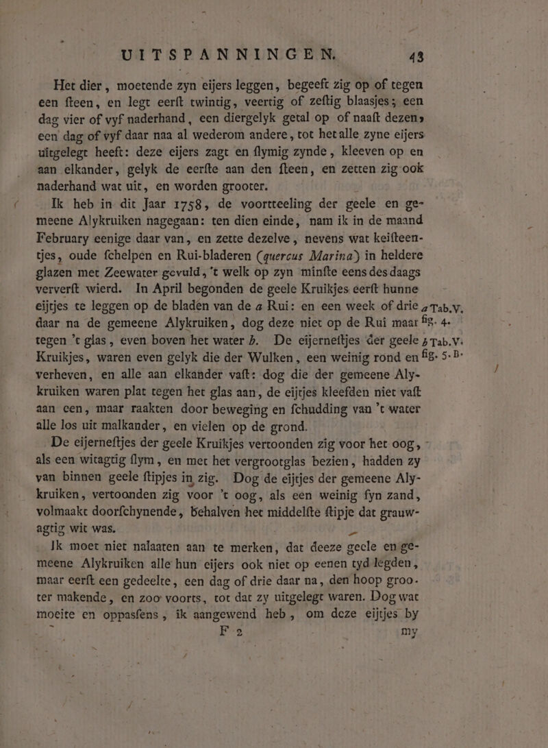 Het dier , moetende zyn eijers leggen, begeeft zig op of tegen een fteen, en legt eerft twintig, veertig of zeftig blaasjes, een dag vier of vyf naderhand, een diergelyk getal op of naaft dezen» een’ dag of vyf daar naa al wederom andere, tot hetalle zyne eijers uitgelegt heeft: deze eijers zagt en flymig zynde , kleeven op en aan elkander, gelyk de eerfte aan den fteen, en zetten zig ook naderhand wat uit, en worden grooter. Ik heb in- dit Jaar 1758, de voortteeling der geele en ge- meene Alykruiken nagegaan: ten dien einde, nam ik in de maand February eenige daar van, en zette dezelve, nevens wat keifteen- tjes, oude fchelpen en Rui-bladeren (quercus Marina) in heldere glazen met Zeewater gevuld, 't welk op zyn minfte eens des daags ververft wierd. In April begonden de geele Kruikjes eerft hunne eijtjes te leggen op de bladen van de a Rui: en een week of drie „Tab.v. daar na de gemeene Alykruiken, dog deze niet op de Rui maar fis. 4. tegen ’t glas, even boven het water h. De efjernettjes der geele 3 Tab.v. Kruikjes, waren even gelyk die der Wulken , een weinig rond en f5- 5-D- verheven, en alle aan elkander vaft: dog die der gemeene Aly- kruiken waren plat tegen het glas aan, de eijtjes kleefden niet vaft aan cen‚ maar raakten door beweging en fchudding van 't water alle los uit malkander, en vielen op de grond. De eijerneftjes der geele Kruikjes vertoonden zig voor het oog, - als een witagtig flym, en mer het vergrootglas bezien, hadden zy van binnen geele ftipjes in zig. Dog de eijtjes der gemeene Aly- kruiken, vertoonden zig voor ’t oog, als een weinig fyn zand, volmaakt doorfchynende, behalven het middelfte ftipje dat grauw- agtig wit was. Le Jk moet niet nalaaten aan te merken, dat deeze gecle en ge- meene Alykruiken alle hun eijers ook niet op eenen tyd legden, maar eerft een gedeelte, een dag of drie daar na, den hoop groo- ter makende, en zoo voorts, tot dat zy uitgelegt waren. Dog wat moeite en oppasfens, ík aangewend heb, om deze eijtjes by é F2 my